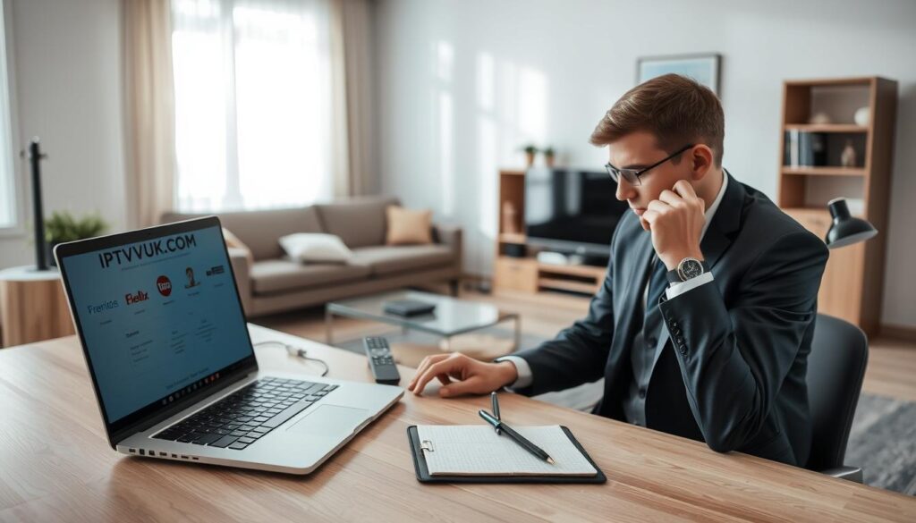 A focused and organized workspace features a sleek laptop displaying the IPTVVUK.COM interface on the screen. In the foreground, a person in professional business attire is seated at a desk, thoughtfully troubleshooting issues, with a notepad and pen nearby, jotting down observations. The middle layer showcases a neatly arranged assortment of devices like a streaming box and remote control, emphasizing the tech aspect of IPTV services. In the background, a softly lit living room is adorned with modern decor, creating a comfortable atmosphere. Soft daylight streams through a window, casting gentle shadows, enhancing the calm yet focused mood. The image captures the essence of setting up and troubleshooting Finsk IPTV, inviting viewers into a relatable and professional scenario. A focused and organized workspace features a sleek laptop displaying the IPTVVUK.COM interface on the screen. In the foreground, a person in professional business attire is seated at a desk, thoughtfully troubleshooting issues, with a notepad and pen nearby, jotting down observations. The middle layer showcases a neatly arranged assortment of devices like a streaming box and remote control, emphasizing the tech aspect of IPTV services. In the background, a softly lit living room is adorned with modern decor, creating a comfortable atmosphere. Soft daylight streams through a window, casting gentle shadows, enhancing the calm yet focused mood. The image captures the essence of setting up and troubleshooting Finsk IPTV, inviting viewers into a relatable and professional scenario.