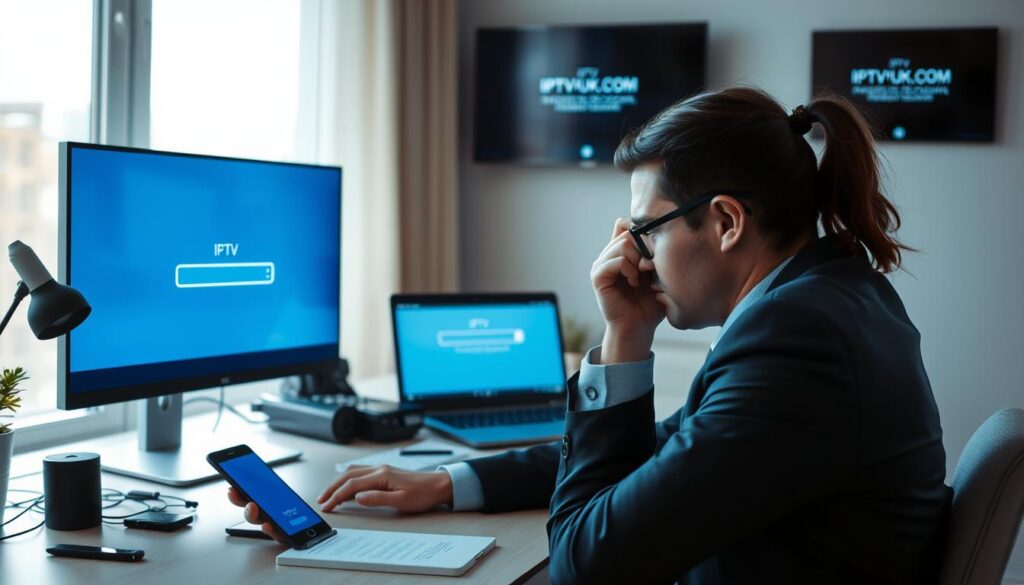A frustrated viewer sits at a modern desk, surrounded by digital devices like a smartphone and tablet, struggling with IPTV streaming issues. In the foreground, the screen displays a frozen image of a buffering icon. The middle ground features a cluttered workspace, with a laptop open to a web search for "fix IPTV issues". Soft, natural light spills in from a nearby window, illuminating the scene and creating a calm yet tense atmosphere. The background includes a wall-mounted TV displaying an error message. An overall blue hue reflects the technical nature of the problem. A subtle brand logo "IPTVVUK.COM" can be seen faintly on one of the devices. The viewer wears professional business attire, emphasizing a relatable, everyday struggle. A frustrated viewer sits at a modern desk, surrounded by digital devices like a smartphone and tablet, struggling with IPTV streaming issues. In the foreground, the screen displays a frozen image of a buffering icon. The middle ground features a cluttered workspace, with a laptop open to a web search for "fix IPTV issues". Soft, natural light spills in from a nearby window, illuminating the scene and creating a calm yet tense atmosphere. The background includes a wall-mounted TV displaying an error message. An overall blue hue reflects the technical nature of the problem. A subtle brand logo "IPTVVUK.COM" can be seen faintly on one of the devices. The viewer wears professional business attire, emphasizing a relatable, everyday struggle.