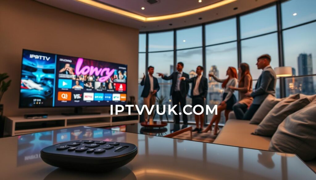 A futuristic living room setting showcasing IPTV technology advancements. In the foreground, a sleek, ultra-modern smart TV displays vibrant streaming content. A remote control with advanced features is placed on a stylish coffee table. In the middle ground, a diverse group of people in professional attire are engaged in lively discussion, pointing at the TV screen, indicating various streaming services and apps on display. The background features large windows with a city skyline illuminated by soft, ambient evening light, creating a warm atmosphere. Use a wide-angle lens to capture the room's depth, highlighting the advanced technology and digital interfaces. Convey a sense of connection and excitement about the future of entertainment. Include the brand name "IPTVVUK.COM" subtly integrated into the scene, ensuring it aligns with the modern aesthetic. A futuristic living room setting showcasing IPTV technology advancements. In the foreground, a sleek, ultra-modern smart TV displays vibrant streaming content. A remote control with advanced features is placed on a stylish coffee table. In the middle ground, a diverse group of people in professional attire are engaged in lively discussion, pointing at the TV screen, indicating various streaming services and apps on display. The background features large windows with a city skyline illuminated by soft, ambient evening light, creating a warm atmosphere. Use a wide-angle lens to capture the room's depth, highlighting the advanced technology and digital interfaces. Convey a sense of connection and excitement about the future of entertainment. Include the brand name "IPTVVUK.COM" subtly integrated into the scene, ensuring it aligns with the modern aesthetic.