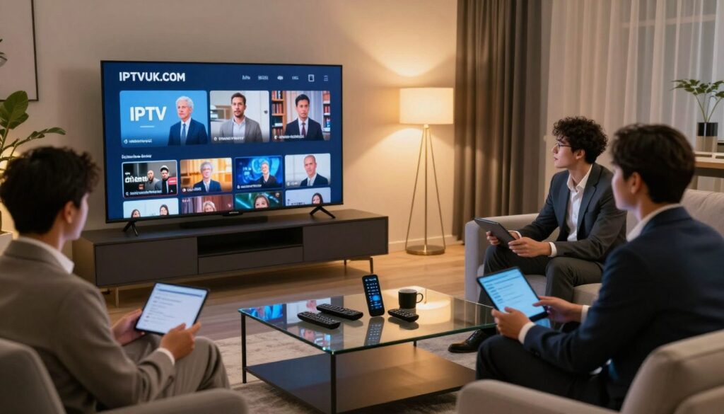 A futuristic living room setting, showcasing a sleek TV displaying high-quality streaming content from IPTVVUK.COM. In the foreground, a diverse group of professionals in business attire are engaged in a discussion, examining their devices, illustrating the collaborative nature of choosing an IPTV provider. The middle ground features a modern coffee table with remote controls and smart devices, with light reflecting off the glass surface, adding a polished look. The background reveals a cozy ambience, with warm lighting and contemporary decor, emphasizing comfort and relaxation. The scene is captured with a slight wide-angle lens to enhance the spacious feel, creating an inviting and engaging atmosphere that conveys reliability and connectivity in streaming services. A futuristic living room setting, showcasing a sleek TV displaying high-quality streaming content from IPTVVUK.COM. In the foreground, a diverse group of professionals in business attire are engaged in a discussion, examining their devices, illustrating the collaborative nature of choosing an IPTV provider. The middle ground features a modern coffee table with remote controls and smart devices, with light reflecting off the glass surface, adding a polished look. The background reveals a cozy ambience, with warm lighting and contemporary decor, emphasizing comfort and relaxation. The scene is captured with a slight wide-angle lens to enhance the spacious feel, creating an inviting and engaging atmosphere that conveys reliability and connectivity in streaming services.