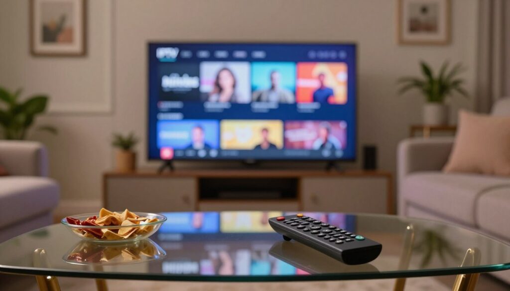 A high-quality visual representation of IPTV stream quality, showcasing a living room scene with a modern television displaying vibrant streaming content. In the foreground, a sleek remote control rests on a stylish glass coffee table, with a few snacks nearby, hinting at a cozy viewing experience. The middle ground features a comfortable couch with plush cushions, facilitating relaxation. The background presents a softly lit room with elegant wall decor and indoor plants, conveying a warm and inviting atmosphere. Use soft, ambient lighting to create a serene mood, while a slight depth of field adds focus to the TV screen. Include the brand "IPTVVUK.COM" subtly integrated into the scene without text overlays. The overall feel should be modern and tech-savvy, perfect for illustrating essential features of IPTV plans. A high-quality visual representation of IPTV stream quality, showcasing a living room scene with a modern television displaying vibrant streaming content. In the foreground, a sleek remote control rests on a stylish glass coffee table, with a few snacks nearby, hinting at a cozy viewing experience. The middle ground features a comfortable couch with plush cushions, facilitating relaxation. The background presents a softly lit room with elegant wall decor and indoor plants, conveying a warm and inviting atmosphere. Use soft, ambient lighting to create a serene mood, while a slight depth of field adds focus to the TV screen. Include the brand "IPTVVUK.COM" subtly integrated into the scene without text overlays. The overall feel should be modern and tech-savvy, perfect for illustrating essential features of IPTV plans.