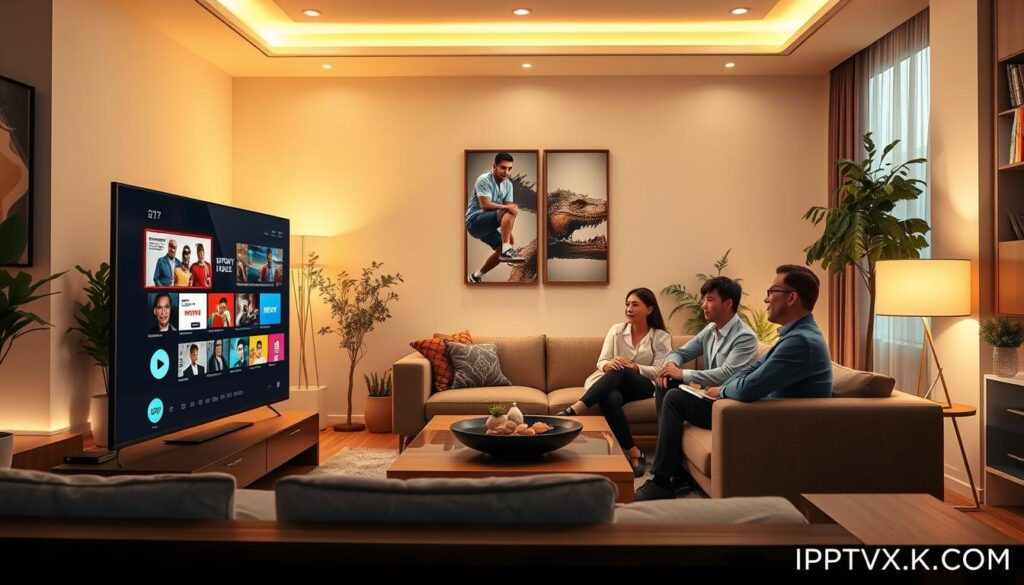A high-resolution illustration depicting the concept of "IPTV Streaming Quality". In the foreground, a sleek modern smart TV displays a crisp, vibrant live streaming interface with various channel options showcasing sports, movies, and news. In the middle ground, a diverse group of three professionals—two men and one woman—are seated comfortably in a cozy living room, dressed in smart-casual attire, engaged in a discussion about their viewing preferences. The background features a stylish, well-lit living space with warm ambient lighting, plants, and contemporary decor, creating a welcoming atmosphere. The scene subtly reflects the benefits of IPTVVUK.COM, the furniture and decorations hinting at a tech-savvy lifestyle. Shot from a slightly elevated angle to capture the entire setting seamlessly, maintaining a focus on the quality of the streaming experience without any distractions. A high-resolution illustration depicting the concept of "IPTV Streaming Quality". In the foreground, a sleek modern smart TV displays a crisp, vibrant live streaming interface with various channel options showcasing sports, movies, and news. In the middle ground, a diverse group of three professionals—two men and one woman—are seated comfortably in a cozy living room, dressed in smart-casual attire, engaged in a discussion about their viewing preferences. The background features a stylish, well-lit living space with warm ambient lighting, plants, and contemporary decor, creating a welcoming atmosphere. The scene subtly reflects the benefits of IPTVVUK.COM, the furniture and decorations hinting at a tech-savvy lifestyle. Shot from a slightly elevated angle to capture the entire setting seamlessly, maintaining a focus on the quality of the streaming experience without any distractions.