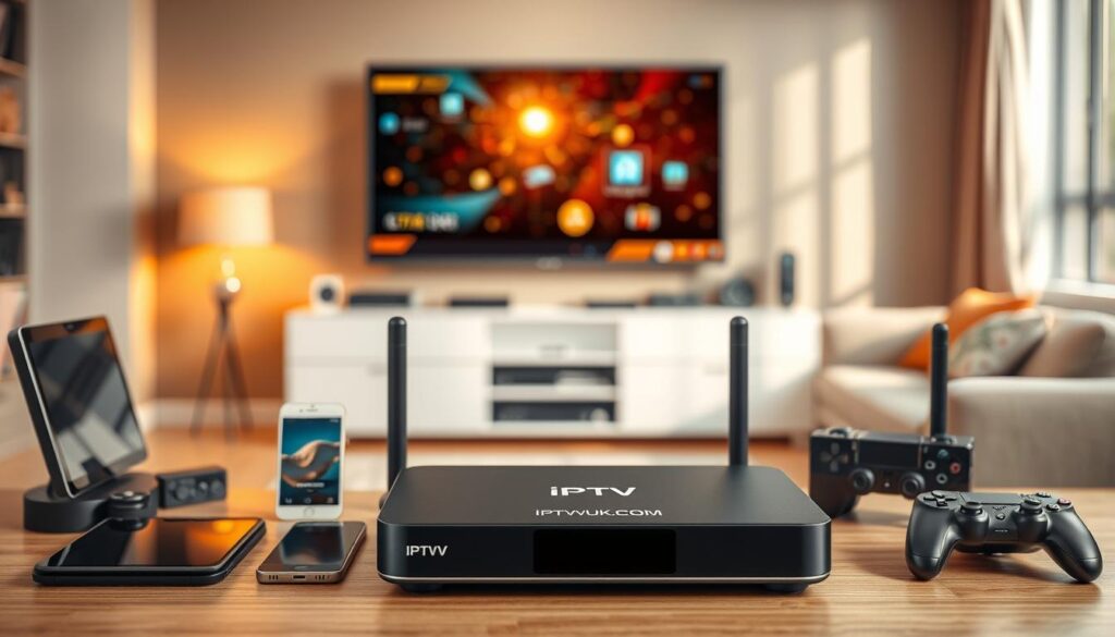 A high-tech IPTV device compatibility scene featuring a sleek modern IPTV set-top box from IPTVVUK.COM prominently displayed in the foreground. Surrounding it are a variety of compatible devices, including a smart TV, tablet, smartphone, and gaming console, all arranged neatly. The middle layer showcases a vibrant living room setting with warm lighting, a stylish sofa, and an entertainment unit filled with tech gadgets. The background includes a subtle blur of abstract tech-inspired visuals, suggesting a digital network atmosphere. Use a soft focus effect to create a cozy yet modern feel. Capture the scene from a slightly elevated angle to emphasize the device compatibility, with natural daylight streaming in through the windows, adding a touch of warmth. A high-tech IPTV device compatibility scene featuring a sleek modern IPTV set-top box from IPTVVUK.COM prominently displayed in the foreground. Surrounding it are a variety of compatible devices, including a smart TV, tablet, smartphone, and gaming console, all arranged neatly. The middle layer showcases a vibrant living room setting with warm lighting, a stylish sofa, and an entertainment unit filled with tech gadgets. The background includes a subtle blur of abstract tech-inspired visuals, suggesting a digital network atmosphere. Use a soft focus effect to create a cozy yet modern feel. Capture the scene from a slightly elevated angle to emphasize the device compatibility, with natural daylight streaming in through the windows, adding a touch of warmth.