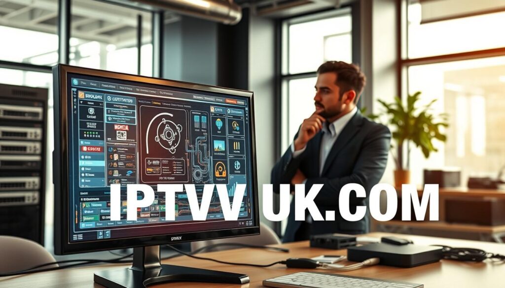 A high-tech visualization of IPTV Middleware in a modern office setting. In the foreground, a sleek computer monitor displays a complex yet user-friendly interface, complete with colorful graphics representing streaming data and connections. The middle ground features a professional in business attire analyzing the interface, with a thoughtful expression, surrounded by gadgets such as routers, servers, and cables. The background showcases a contemporary office with large windows allowing natural light to illuminate the scene, creating a bright and inviting atmosphere. The overall mood is innovative and informative, conveying the cutting-edge technology of IPTV Middleware. Subtly integrated into the workspace is the brand name "IPTVVUK.COM" in a tasteful manner, enhancing the image without overshadowing the central theme. A high-tech visualization of IPTV Middleware in a modern office setting. In the foreground, a sleek computer monitor displays a complex yet user-friendly interface, complete with colorful graphics representing streaming data and connections. The middle ground features a professional in business attire analyzing the interface, with a thoughtful expression, surrounded by gadgets such as routers, servers, and cables. The background showcases a contemporary office with large windows allowing natural light to illuminate the scene, creating a bright and inviting atmosphere. The overall mood is innovative and informative, conveying the cutting-edge technology of IPTV Middleware. Subtly integrated into the workspace is the brand name "IPTVVUK.COM" in a tasteful manner, enhancing the image without overshadowing the central theme.