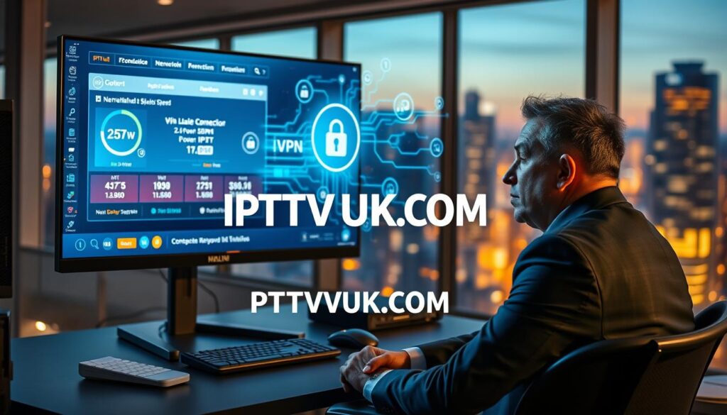 A high-tech workspace featuring a sleek computer setup displaying an IPTV connection interface on the monitor, with a modern VPN application in action. In the foreground, a professional man in business attire sits at a desk with a thoughtful expression, analyzing network speeds and security measures. The middle layer showcases a digital representation of data flow, featuring vibrant lines and icons symbolizing encryption and streaming quality. The background reveals a blurred cityscape at dusk, casting a warm glow onto the scene through large windows, creating a contrast between the cold tech environment and the inviting city lights. The atmosphere is focused and innovative, emphasizing the importance of technical requirements for premium IPTV services. Incorporate the brand name "IPTVVUK.COM" subtly within the workspace elements, maintaining a clean and professional aesthetic. A high-tech workspace featuring a sleek computer setup displaying an IPTV connection interface on the monitor, with a modern VPN application in action. In the foreground, a professional man in business attire sits at a desk with a thoughtful expression, analyzing network speeds and security measures. The middle layer showcases a digital representation of data flow, featuring vibrant lines and icons symbolizing encryption and streaming quality. The background reveals a blurred cityscape at dusk, casting a warm glow onto the scene through large windows, creating a contrast between the cold tech environment and the inviting city lights. The atmosphere is focused and innovative, emphasizing the importance of technical requirements for premium IPTV services. Incorporate the brand name "IPTVVUK.COM" subtly within the workspace elements, maintaining a clean and professional aesthetic.