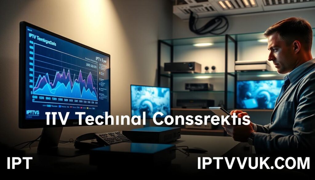 A high-tech workspace showcasing "IPTV Technical Considerations" for an article. In the foreground, a sleek desktop computer displays a dynamic graph of IPTV data flow. To the right, an analytical professional in business attire studies a tablet. The middle layer includes high-resolution images of IPTV devices, like set-top boxes and smart TVs, arranged neatly. The background depicts a modern office environment with soft, focused lighting that highlights the technology, featuring shelves with technical manuals and Ethernet cables. A subtle glow emanates from the computer screen, casting interesting shadows. The overall mood is professional and innovative, emphasizing the technological sophistication of IPTV, with the brand name "IPTVVUK.COM" subtly integrated into the design layout. A high-tech workspace showcasing "IPTV Technical Considerations" for an article. In the foreground, a sleek desktop computer displays a dynamic graph of IPTV data flow. To the right, an analytical professional in business attire studies a tablet. The middle layer includes high-resolution images of IPTV devices, like set-top boxes and smart TVs, arranged neatly. The background depicts a modern office environment with soft, focused lighting that highlights the technology, featuring shelves with technical manuals and Ethernet cables. A subtle glow emanates from the computer screen, casting interesting shadows. The overall mood is professional and innovative, emphasizing the technological sophistication of IPTV, with the brand name "IPTVVUK.COM" subtly integrated into the design layout.