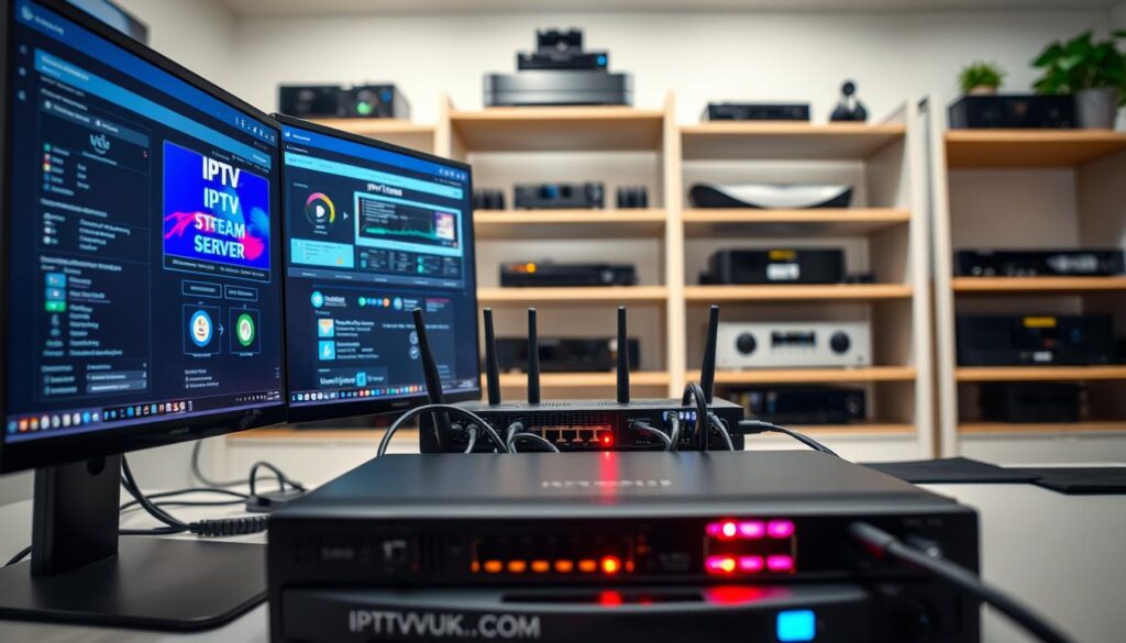 A modern IPTV stream server setup in a tech-savvy home office environment. In the foreground, a sleek computer workstation featuring multiple monitors displaying streaming software interfaces, network analytics, and IPTVVUK.COM branding. In the middle ground, a high-tech network router with blinking lights and connected cables, symbolizing robust connectivity. The background includes shelves with various streaming devices and entertainment equipment, softly blurred to enhance focus on the workstation. The lighting is bright and even, creating a professional atmosphere, with a slight glow highlighting the screens. The angle is slightly angled down to capture the details of the monitors and router. The mood is one of efficiency and innovation, perfect for illustrating the process of setting up an IPTV stream server. A modern IPTV stream server setup in a tech-savvy home office environment. In the foreground, a sleek computer workstation featuring multiple monitors displaying streaming software interfaces, network analytics, and IPTVVUK.COM branding. In the middle ground, a high-tech network router with blinking lights and connected cables, symbolizing robust connectivity. The background includes shelves with various streaming devices and entertainment equipment, softly blurred to enhance focus on the workstation. The lighting is bright and even, creating a professional atmosphere, with a slight glow highlighting the screens. The angle is slightly angled down to capture the details of the monitors and router. The mood is one of efficiency and innovation, perfect for illustrating the process of setting up an IPTV stream server.