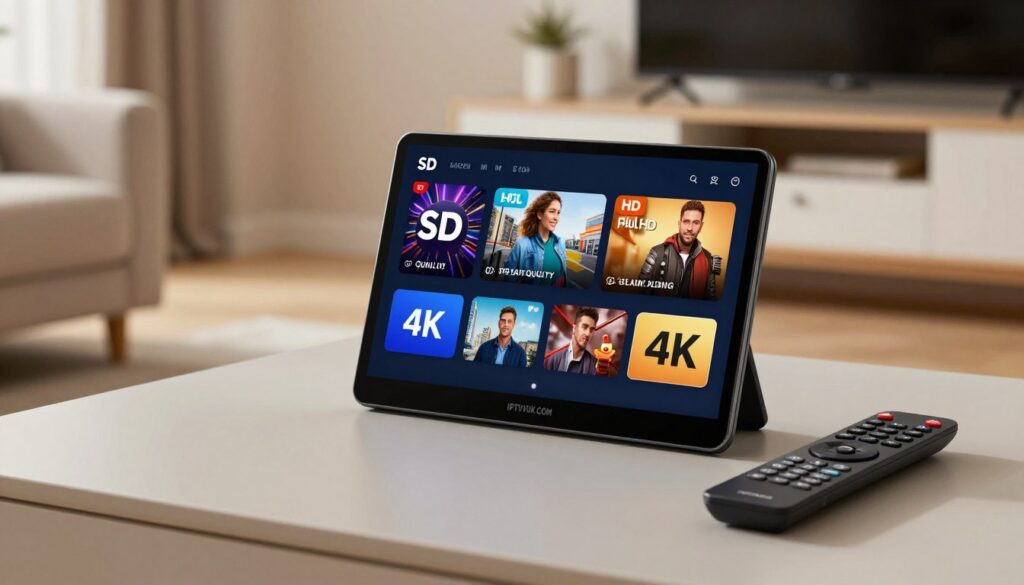 A modern and sleek digital device showcasing various IPTV streaming quality options on its screen, positioned prominently in the foreground. The device should exhibit clear, vivid graphics representing different quality settings: SD, HD, Full HD, and 4K, each marked visually. In the middle ground, a stylish remote control rests beside the device, symbolizing ease of use and accessibility. The background features a cozy living room setting with soft lighting, emphasizing a relaxed atmosphere suitable for viewing—plush sofas, a well-lit TV stand, and decorative elements that enhance the homey feel. The overall mood is inviting and informative, with an emphasis on advanced technology. Subtly incorporate the brand name "IPTVVUK.COM" into the design of the device or remote without being overt. A modern and sleek digital device showcasing various IPTV streaming quality options on its screen, positioned prominently in the foreground. The device should exhibit clear, vivid graphics representing different quality settings: SD, HD, Full HD, and 4K, each marked visually. In the middle ground, a stylish remote control rests beside the device, symbolizing ease of use and accessibility. The background features a cozy living room setting with soft lighting, emphasizing a relaxed atmosphere suitable for viewing—plush sofas, a well-lit TV stand, and decorative elements that enhance the homey feel. The overall mood is inviting and informative, with an emphasis on advanced technology. Subtly incorporate the brand name "IPTVVUK.COM" into the design of the device or remote without being overt.