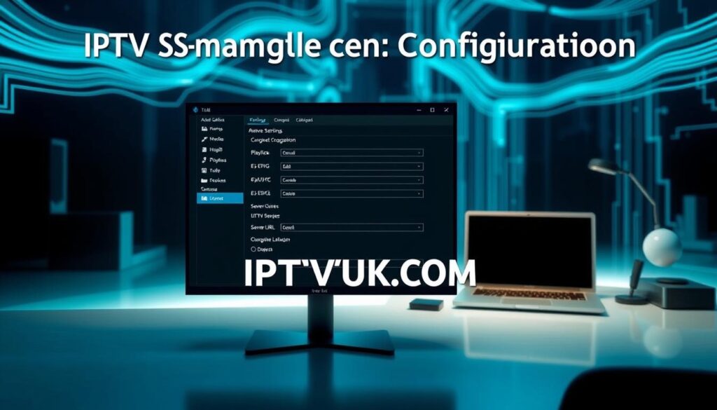 A modern and sleek digital interface showcasing the "IPTV Simple Client Configuration" for Kodi. In the foreground, display a high-resolution computer screen with an open IPTV client configuration window, featuring various customizable settings like playlists, EPG (Electronic Program Guide), and server URLs, all rendered in a user-friendly layout. In the middle ground, include a stylish, minimalist workspace with a laptop and some technical gadgets, conveying a sense of advanced configuration. The background should be an abstract representation of digital streams and data flows, illuminated with soft blue and green light to create a tech-savvy atmosphere. The image should have a professional tone, with clean lines and modern aesthetics, reflecting the sophisticated nature of IPTV technology. Include the brand name "IPTVVUK.COM" subtly integrated within the interface. A modern and sleek digital interface showcasing the "IPTV Simple Client Configuration" for Kodi. In the foreground, display a high-resolution computer screen with an open IPTV client configuration window, featuring various customizable settings like playlists, EPG (Electronic Program Guide), and server URLs, all rendered in a user-friendly layout. In the middle ground, include a stylish, minimalist workspace with a laptop and some technical gadgets, conveying a sense of advanced configuration. The background should be an abstract representation of digital streams and data flows, illuminated with soft blue and green light to create a tech-savvy atmosphere. The image should have a professional tone, with clean lines and modern aesthetics, reflecting the sophisticated nature of IPTV technology. Include the brand name "IPTVVUK.COM" subtly integrated within the interface.