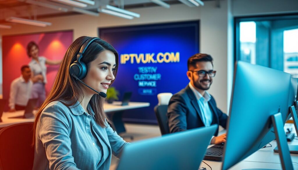 A modern customer support center scene featuring two professional agents assisting clients. In the foreground, a woman with headphones, dressed in business attire, is attentively looking at her screen while speaking into a microphone. Beside her, a man with glasses, also in a professional outfit, smiles as he types on his computer. In the middle ground, the office space showcases sleek desks and colorful company branding on the walls, highlighting "IPTVVUK.COM." The background includes a large window with natural light flooding the room, creating a welcoming atmosphere. A soft-focus effect on the edges enhances the depth, while warm lighting adds to the friendly mood, embodying a sense of reliability and support in customer service. A modern customer support center scene featuring two professional agents assisting clients. In the foreground, a woman with headphones, dressed in business attire, is attentively looking at her screen while speaking into a microphone. Beside her, a man with glasses, also in a professional outfit, smiles as he types on his computer. In the middle ground, the office space showcases sleek desks and colorful company branding on the walls, highlighting "IPTVVUK.COM." The background includes a large window with natural light flooding the room, creating a welcoming atmosphere. A soft-focus effect on the edges enhances the depth, while warm lighting adds to the friendly mood, embodying a sense of reliability and support in customer service.