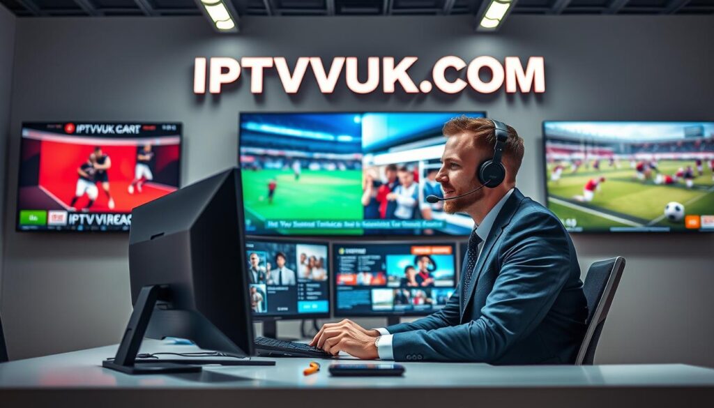 A modern customer support scene depicting a professional IPTV support agent assisting a client. The agent, dressed in smart business attire, sits at a sleek desk equipped with multiple monitors showing vibrant streaming options for sports and entertainment. Bright ambient lighting creates an inviting atmosphere, emphasizing the energetic mood of reliable service and support. In the background, a wall-mounted screen displays the brand name "IPTVVUK.COM" with dynamic visuals of popular sports and shows. The angle is slightly above eye level, capturing both the agent’s engaged expression and the colorful displays behind them, reflecting a state-of-the-art customer service experience in the IPTV industry. A modern customer support scene depicting a professional IPTV support agent assisting a client. The agent, dressed in smart business attire, sits at a sleek desk equipped with multiple monitors showing vibrant streaming options for sports and entertainment. Bright ambient lighting creates an inviting atmosphere, emphasizing the energetic mood of reliable service and support. In the background, a wall-mounted screen displays the brand name "IPTVVUK.COM" with dynamic visuals of popular sports and shows. The angle is slightly above eye level, capturing both the agent’s engaged expression and the colorful displays behind them, reflecting a state-of-the-art customer service experience in the IPTV industry.