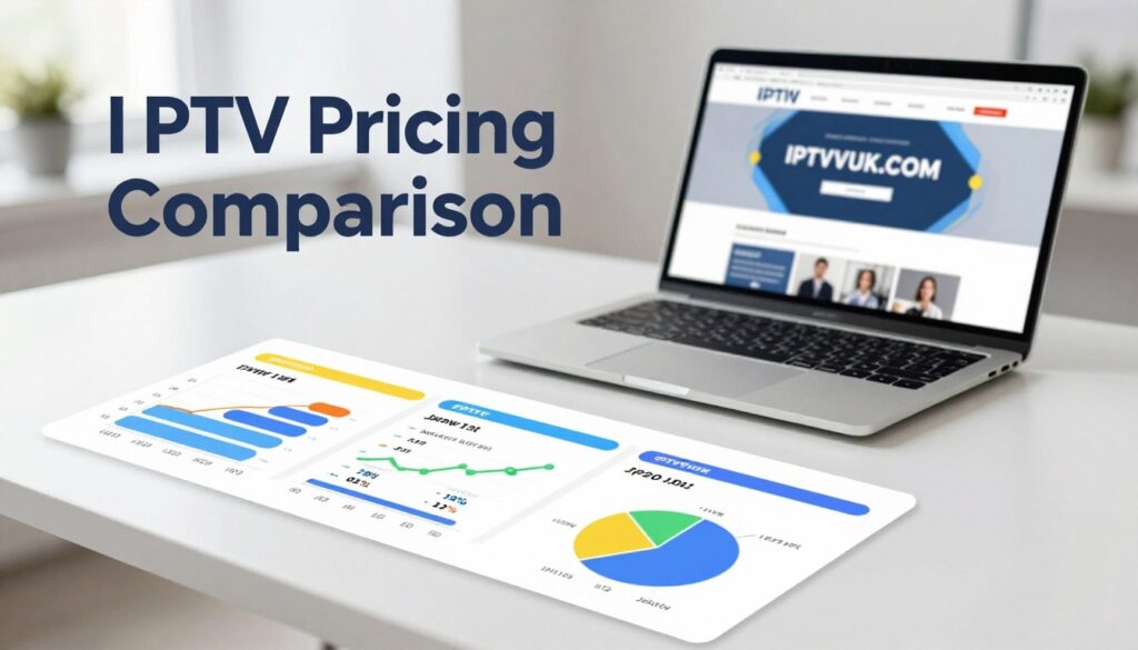 A modern digital infographic depicting "IPTV Pricing Comparison" with a sleek, professional layout. In the foreground, several colorful, stylized graphs and charts illustrate various IPTV subscription models and pricing tiers, clearly indicating features of different services. In the middle ground, there's a laptop on a minimalist desk, with a partially visible screen showcasing the website IPTVVUK.COM. The background features a bright, blurred office space, creating a clean and organized atmosphere, illuminated by soft, natural lighting. The overall mood is informative and professional, suggesting accessibility to vital information regarding IPTV services. Ensure no text, logos, or watermarks appear in the image. A modern digital infographic depicting "IPTV Pricing Comparison" with a sleek, professional layout. In the foreground, several colorful, stylized graphs and charts illustrate various IPTV subscription models and pricing tiers, clearly indicating features of different services. In the middle ground, there's a laptop on a minimalist desk, with a partially visible screen showcasing the website IPTVVUK.COM. The background features a bright, blurred office space, creating a clean and organized atmosphere, illuminated by soft, natural lighting. The overall mood is informative and professional, suggesting accessibility to vital information regarding IPTV services. Ensure no text, logos, or watermarks appear in the image.