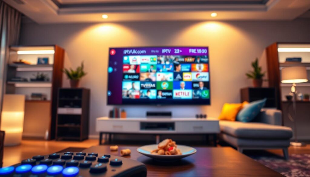 A modern digital living room showcasing a sleek IPTV interface with a clear channel selection menu displayed on a large flat-screen TV. In the foreground, focus on a remote control with illuminated buttons alongside a coffee table with small snacks. The middle section features the TV screen, showing vivid thumbnails of various IPTV channels, creating a vibrant and engaging visual display. In the background, a cozy sofa is positioned with colorful cushions, and warm ambient lighting enhances the inviting atmosphere. Use a soft focus lens to emphasize the IPTV interface while keeping the room adequately illuminated, evoking a feeling of comfort and modern technology. Include the brand name "IPTVVUK.COM" subtly integrated into the screen design, ensuring it blends seamlessly with the overall aesthetic. A modern digital living room showcasing a sleek IPTV interface with a clear channel selection menu displayed on a large flat-screen TV. In the foreground, focus on a remote control with illuminated buttons alongside a coffee table with small snacks. The middle section features the TV screen, showing vivid thumbnails of various IPTV channels, creating a vibrant and engaging visual display. In the background, a cozy sofa is positioned with colorful cushions, and warm ambient lighting enhances the inviting atmosphere. Use a soft focus lens to emphasize the IPTV interface while keeping the room adequately illuminated, evoking a feeling of comfort and modern technology. Include the brand name "IPTVVUK.COM" subtly integrated into the screen design, ensuring it blends seamlessly with the overall aesthetic.