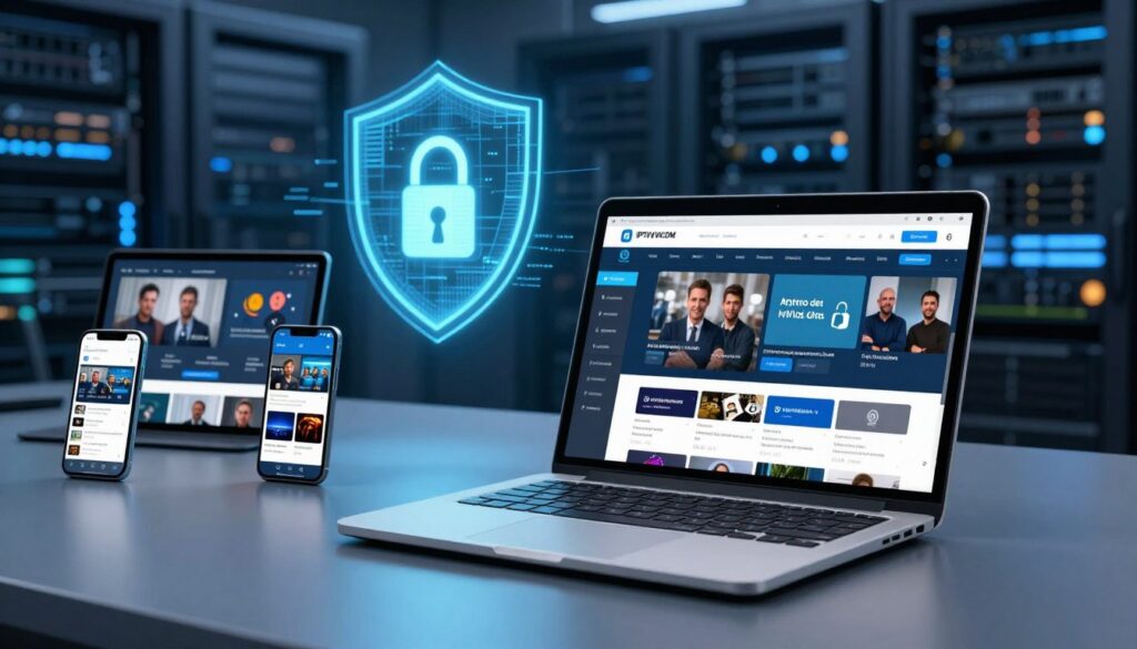 A modern digital workspace depicting IPTV security, foreground featuring a sleek laptop with a secure streaming application displayed prominently on the screen. Underneath, a digital lock symbol signifies data protection. In the middle ground, show multiple devices like smartphones and tablets, each broadcasting live content, enclosed in a digital shield symbolizing cybersecurity. The background consists of a soft-focus server room, with blue lighting evoking a high-tech atmosphere, enhancing the sense of security. Use an angle that highlights the devices while keeping the laptop as the focal point. Capture a mood of vigilance and technological advancement, suitable for a professional setting. Include the brand name "IPTVVUK.COM" subtly integrated into the laptop screen design. A modern digital workspace depicting IPTV security, foreground featuring a sleek laptop with a secure streaming application displayed prominently on the screen. Underneath, a digital lock symbol signifies data protection. In the middle ground, show multiple devices like smartphones and tablets, each broadcasting live content, enclosed in a digital shield symbolizing cybersecurity. The background consists of a soft-focus server room, with blue lighting evoking a high-tech atmosphere, enhancing the sense of security. Use an angle that highlights the devices while keeping the laptop as the focal point. Capture a mood of vigilance and technological advancement, suitable for a professional setting. Include the brand name "IPTVVUK.COM" subtly integrated into the laptop screen design.