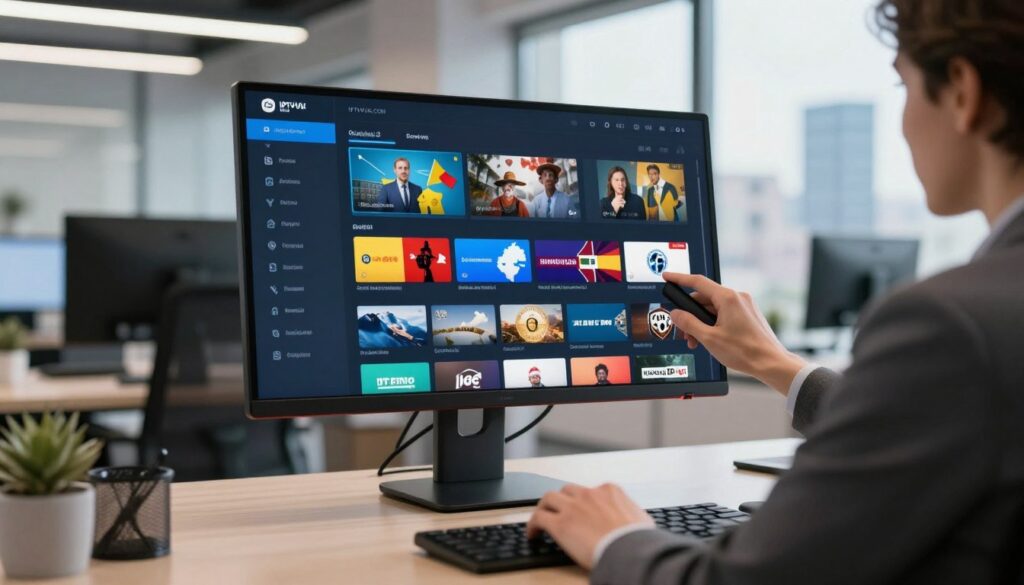 A modern digital workspace featuring a sleek computer setup displaying an IPTV global channels playlist interface on the screen. In the foreground, a focused individual in professional attire, adjusting settings on the interface, surrounded by a stylish office environment adorned with LED accent lighting. The middle layer showcases the monitor vividly displaying diverse international channel icons, each representing different countries, with color-coded categories. In the background, a softly blurred view of a cityscape from a large window, symbolizing global connectivity. The lighting is bright yet soft, creating an engaging and professional atmosphere. The brand name "IPTVVUK.COM" subtly appears in a corner of the screen interface, emphasizing innovation in streaming technology without detracting from the overall authentic and dynamic mood of the image. A modern digital workspace featuring a sleek computer setup displaying an IPTV global channels playlist interface on the screen. In the foreground, a focused individual in professional attire, adjusting settings on the interface, surrounded by a stylish office environment adorned with LED accent lighting. The middle layer showcases the monitor vividly displaying diverse international channel icons, each representing different countries, with color-coded categories. In the background, a softly blurred view of a cityscape from a large window, symbolizing global connectivity. The lighting is bright yet soft, creating an engaging and professional atmosphere. The brand name "IPTVVUK.COM" subtly appears in a corner of the screen interface, emphasizing innovation in streaming technology without detracting from the overall authentic and dynamic mood of the image.