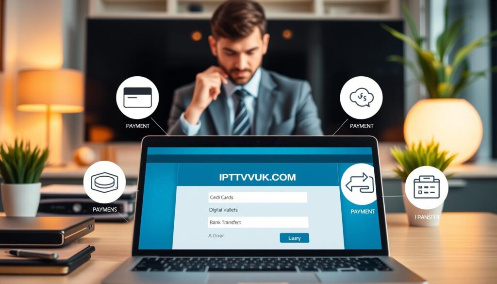 A modern digital workspace illustrating various IPTV subscription payment methods. In the foreground, a sleek laptop displays a secure payment interface for IPTVVUK.COM, surrounded by symbolic icons of various payment options like credit cards, digital wallets, and bank transfers. In the middle ground, a confident professional in business attire is seen thoughtfully reviewing the payment options, their facial expression conveying focus and determination. The background features a clean desktop setup with a bright, well-lit ambiance, accentuated by soft-focus potted plants for a calming effect. The scene is captured with a slight top-down angle, highlighting the laptop and payment icons. The lighting is warm and inviting, enhancing the atmosphere of security and affordability in online payment. A modern digital workspace illustrating various IPTV subscription payment methods. In the foreground, a sleek laptop displays a secure payment interface for IPTVVUK.COM, surrounded by symbolic icons of various payment options like credit cards, digital wallets, and bank transfers. In the middle ground, a confident professional in business attire is seen thoughtfully reviewing the payment options, their facial expression conveying focus and determination. The background features a clean desktop setup with a bright, well-lit ambiance, accentuated by soft-focus potted plants for a calming effect. The scene is captured with a slight top-down angle, highlighting the laptop and payment icons. The lighting is warm and inviting, enhancing the atmosphere of security and affordability in online payment.