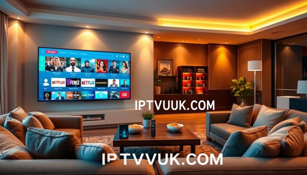 A modern entertainment hub showcasing the "MaxTV IPTV content library" in a vibrant living room setting. In the foreground, a sleek smart TV displays an array of colorful streaming thumbnails representing various genres like action, drama, and documentaries. Surrounding the TV are plush sofas, elegantly arranged with soft cushions, creating a cozy atmosphere. In the middle, a stylish coffee table features a remote control and snack bowls, inviting viewers into the scene. In the background, dim ambient lighting casts a warm glow, enhancing the inviting feel of the room. The overall mood is relaxed and inviting, perfect for family or friends enjoying their favorite shows. Include the brand name "IPTVVUK.COM" subtly integrated into the design without distracting from the scene. Use a wide-angle lens effect to capture the breadth of the room, emphasizing its modern and comfortable design. A modern entertainment hub showcasing the "MaxTV IPTV content library" in a vibrant living room setting. In the foreground, a sleek smart TV displays an array of colorful streaming thumbnails representing various genres like action, drama, and documentaries. Surrounding the TV are plush sofas, elegantly arranged with soft cushions, creating a cozy atmosphere. In the middle, a stylish coffee table features a remote control and snack bowls, inviting viewers into the scene. In the background, dim ambient lighting casts a warm glow, enhancing the inviting feel of the room. The overall mood is relaxed and inviting, perfect for family or friends enjoying their favorite shows. Include the brand name "IPTVVUK.COM" subtly integrated into the design without distracting from the scene. Use a wide-angle lens effect to capture the breadth of the room, emphasizing its modern and comfortable design.