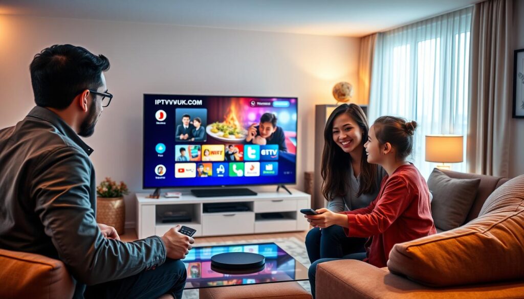 A modern home living room featuring a family gathered around a sleek smart TV, enjoying IPTV services. In the foreground, a man and woman in smart casual attire are interacting with a remote, showing engagement and excitement. The middle layer showcases the high-definition screen displaying vibrant streaming content, with an interface of IPTVVUK.COM visible on the screen. The background includes modern furnishings, a large window letting in natural light, and decorative elements that create a cozy atmosphere. Soft, warm lighting enhances the scene, highlighting the family's joyful expressions. The overall mood conveys a sense of innovation and comfort, illustrating the transition to IPTV from traditional cable services. A modern home living room featuring a family gathered around a sleek smart TV, enjoying IPTV services. In the foreground, a man and woman in smart casual attire are interacting with a remote, showing engagement and excitement. The middle layer showcases the high-definition screen displaying vibrant streaming content, with an interface of IPTVVUK.COM visible on the screen. The background includes modern furnishings, a large window letting in natural light, and decorative elements that create a cozy atmosphere. Soft, warm lighting enhances the scene, highlighting the family's joyful expressions. The overall mood conveys a sense of innovation and comfort, illustrating the transition to IPTV from traditional cable services.