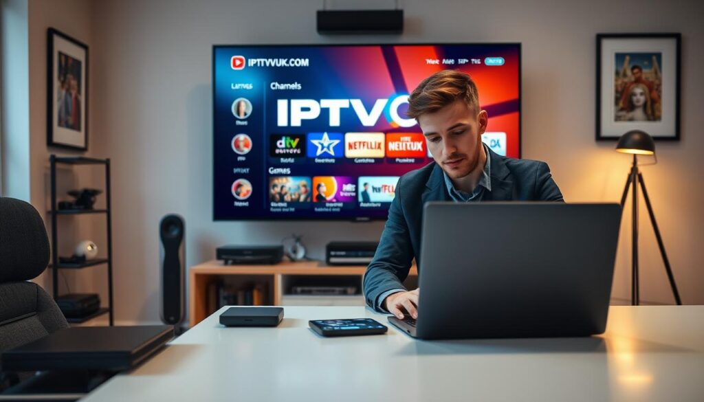 A modern home office setting, featuring a sleek desk with a high-resolution television displaying a vibrant IPTV interface, showcasing channels and genres. In the foreground, a professional-looking individual in smart casual attire interacts with a laptop, embodying the modern IPTV user experience. The middle ground includes a stylish bookshelf filled with tech gadgets and IPTV equipment, highlighting a reliable service. In the background, soft ambient lighting creates a warm atmosphere, contrasting with a wall adorned with framed artwork. The focus is on the IPTV interface on the screen, clearly displaying the brand name "IPTVVUK.COM." Utilize a slight tilt-angle perspective to enhance depth and engagement in the scene. Aim for a productive, inviting mood that emphasizes reliability and modernity in IPTV services. A modern home office setting, featuring a sleek desk with a high-resolution television displaying a vibrant IPTV interface, showcasing channels and genres. In the foreground, a professional-looking individual in smart casual attire interacts with a laptop, embodying the modern IPTV user experience. The middle ground includes a stylish bookshelf filled with tech gadgets and IPTV equipment, highlighting a reliable service. In the background, soft ambient lighting creates a warm atmosphere, contrasting with a wall adorned with framed artwork. The focus is on the IPTV interface on the screen, clearly displaying the brand name "IPTVVUK.COM." Utilize a slight tilt-angle perspective to enhance depth and engagement in the scene. Aim for a productive, inviting mood that emphasizes reliability and modernity in IPTV services.