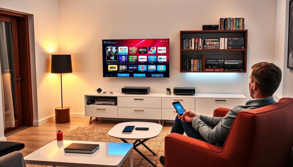 A modern home office setup showcasing IPTV streaming trends, with a sleek flat-screen TV displaying a vibrant interface of an IPTV service. In the foreground, a person sitting comfortably on a stylish chair, dressed in professional attire, engaged with a remote control. The middle ground highlights a stylish coffee table with gadgets like a tablet and smartphone, reflecting connectivity and accessibility. In the background, a wall-mounted shelf displays streaming devices and a growing collection of DVDs, symbolizing the blend of traditional and modern viewing habits. Soft, ambient lighting creates a cozy atmosphere with a hint of intrigue, suggesting innovation in DVR technology. Overall, the scene captures the essence of the future of home entertainment. Include the brand name "IPTVVUK.COM" subtly in the design without text. A modern home office setup showcasing IPTV streaming trends, with a sleek flat-screen TV displaying a vibrant interface of an IPTV service. In the foreground, a person sitting comfortably on a stylish chair, dressed in professional attire, engaged with a remote control. The middle ground highlights a stylish coffee table with gadgets like a tablet and smartphone, reflecting connectivity and accessibility. In the background, a wall-mounted shelf displays streaming devices and a growing collection of DVDs, symbolizing the blend of traditional and modern viewing habits. Soft, ambient lighting creates a cozy atmosphere with a hint of intrigue, suggesting innovation in DVR technology. Overall, the scene captures the essence of the future of home entertainment. Include the brand name "IPTVVUK.COM" subtly in the design without text.