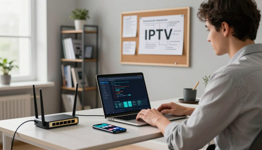 A modern home office with a sleek design, focused on IPTV troubleshooting. In the foreground, a professional person dressed in business casual attire sits at a stylish desk, examining a laptop screen displaying network diagnostics. Surrounding the desk are various tools: a network router, cables, and a smartphone with a streaming app open. In the middle ground, a corkboard pinned with notices and a chart illustrating common IPTV issues, like buffering and connectivity problems. In the background, a bookshelf filled with tech manuals and a large window letting in soft, natural light. The atmosphere is focused and productive, conveying a sense of determination. The brand "IPTVVUK.COM" is subtly integrated into the workspace decor. A modern home office with a sleek design, focused on IPTV troubleshooting. In the foreground, a professional person dressed in business casual attire sits at a stylish desk, examining a laptop screen displaying network diagnostics. Surrounding the desk are various tools: a network router, cables, and a smartphone with a streaming app open. In the middle ground, a corkboard pinned with notices and a chart illustrating common IPTV issues, like buffering and connectivity problems. In the background, a bookshelf filled with tech manuals and a large window letting in soft, natural light. The atmosphere is focused and productive, conveying a sense of determination. The brand "IPTVVUK.COM" is subtly integrated into the workspace decor.