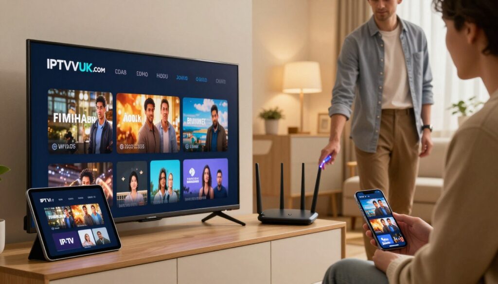 A modern home setting featuring multiple devices streaming IPTV content. In the foreground, there’s a sleek smart TV displaying vibrant streaming visuals. To the left, a tablet shows an optimized IPTV interface, while on the right, a smartphone plays a video. In the middle ground, a professional business person in smart casual clothing is adjusting a high-tech router with LED indicators, symbolizing network optimization. The background is cozy yet tech-savvy, showcasing a stylish living room with contemporary furniture and subtle lighting. Use warm, inviting tones to create a comfortable atmosphere. Ensure clear focus on the IPTVVUK.COM brand logo subtly integrated within the scene, highlighting modern technology. Aim for a dynamic angle that emphasizes connectivity and multi-device streaming experience. A modern home setting featuring multiple devices streaming IPTV content. In the foreground, there’s a sleek smart TV displaying vibrant streaming visuals. To the left, a tablet shows an optimized IPTV interface, while on the right, a smartphone plays a video. In the middle ground, a professional business person in smart casual clothing is adjusting a high-tech router with LED indicators, symbolizing network optimization. The background is cozy yet tech-savvy, showcasing a stylish living room with contemporary furniture and subtle lighting. Use warm, inviting tones to create a comfortable atmosphere. Ensure clear focus on the IPTVVUK.COM brand logo subtly integrated within the scene, highlighting modern technology. Aim for a dynamic angle that emphasizes connectivity and multi-device streaming experience.