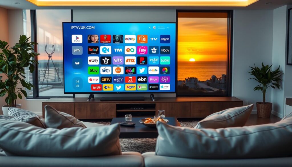 A modern living room environment featuring a sleek, ultra-high-definition television displaying a vibrant array of IPTV channel icons from IPTVVUK.COM. In the foreground, a comfortable sofa with stylish throw pillows invites viewers to relax. The middle of the scene shows a coffee table with a remote control and snacks, indicating an enjoyable viewing experience. The background includes soft, ambient lighting with large windows showcasing a beautiful sunset to create a cozy atmosphere. The scene is captured from a slightly elevated angle to provide a comprehensive view of the room. The overall mood conveys relaxation and modernity, highlighting the advantages of IPTV over traditional cable. A modern living room environment featuring a sleek, ultra-high-definition television displaying a vibrant array of IPTV channel icons from IPTVVUK.COM. In the foreground, a comfortable sofa with stylish throw pillows invites viewers to relax. The middle of the scene shows a coffee table with a remote control and snacks, indicating an enjoyable viewing experience. The background includes soft, ambient lighting with large windows showcasing a beautiful sunset to create a cozy atmosphere. The scene is captured from a slightly elevated angle to provide a comprehensive view of the room. The overall mood conveys relaxation and modernity, highlighting the advantages of IPTV over traditional cable.