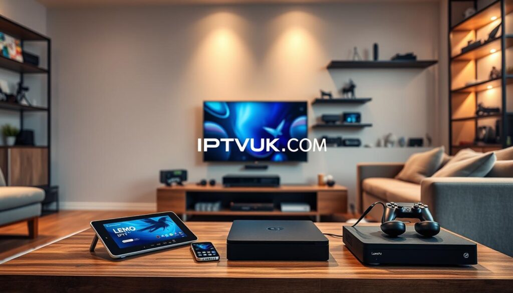 A modern living room featuring a diverse range of digital devices that represent device compatibility for streaming services. In the foreground, a sleek smart TV displays vibrant visuals from Lemo TV IPTV, while a tablet and smartphone lie casually on a stylish coffee table. The middle ground showcases a streaming device and a gaming console, elegantly arranged. In the background, a cozy couch is adorned with plush cushions, and shelves filled with tech gadgets enhance the scene. Soft, warm lighting creates an inviting atmosphere, while a wide-angle lens captures the entire setup. The overall mood is one of comfort and convenience, emphasizing the compatibility of multiple devices for a seamless streaming experience. The brand name "IPTVVUK.COM" is subtly referenced within the design of the TV screen. A modern living room featuring a diverse range of digital devices that represent device compatibility for streaming services. In the foreground, a sleek smart TV displays vibrant visuals from Lemo TV IPTV, while a tablet and smartphone lie casually on a stylish coffee table. The middle ground showcases a streaming device and a gaming console, elegantly arranged. In the background, a cozy couch is adorned with plush cushions, and shelves filled with tech gadgets enhance the scene. Soft, warm lighting creates an inviting atmosphere, while a wide-angle lens captures the entire setup. The overall mood is one of comfort and convenience, emphasizing the compatibility of multiple devices for a seamless streaming experience. The brand name "IPTVVUK.COM" is subtly referenced within the design of the TV screen.