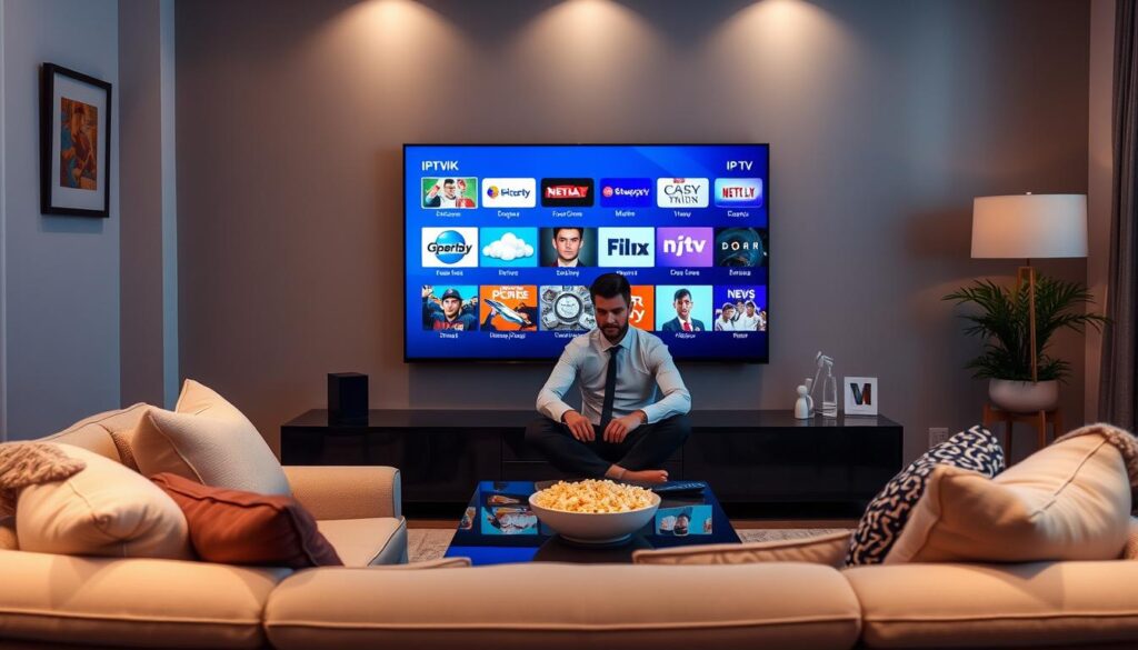 A modern living room featuring a sleek smart TV displaying a vibrant interface of various IPTV channels. In the foreground, a comfortable sofa with stylish pillows invites relaxation. A coffee table is adorned with a remote control and a bowl of popcorn, suggesting a cozy viewing experience. In the middle, a person dressed in professional casual attire is seated, engaged with the TV, showcasing a diverse array of channel options including sports, movies, and news. The background features a well-decorated wall with subtle lighting illuminating the space, creating a warm and inviting atmosphere. The overall mood conveys the enjoyment of entertainment and the convenience of modern IPTV solutions, with the brand name "IPTVVUK.COM" subtly integrated into the TV interface. A modern living room featuring a sleek smart TV displaying a vibrant interface of various IPTV channels. In the foreground, a comfortable sofa with stylish pillows invites relaxation. A coffee table is adorned with a remote control and a bowl of popcorn, suggesting a cozy viewing experience. In the middle, a person dressed in professional casual attire is seated, engaged with the TV, showcasing a diverse array of channel options including sports, movies, and news. The background features a well-decorated wall with subtle lighting illuminating the space, creating a warm and inviting atmosphere. The overall mood conveys the enjoyment of entertainment and the convenience of modern IPTV solutions, with the brand name "IPTVVUK.COM" subtly integrated into the TV interface.