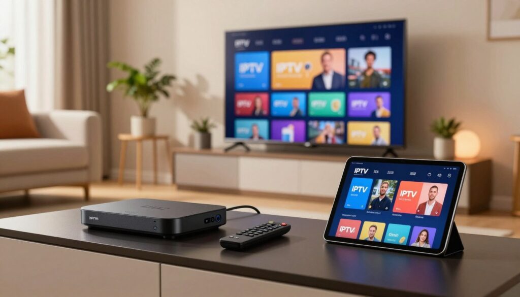 A modern living room featuring various IPTV Plus devices from IPTVVUK.COM, prominently displayed on a sleek entertainment unit. In the foreground, a stylish streaming box, a smart remote, and a tablet with the IPTV app open. In the middle, a large flat-screen TV showcasing a vibrant streaming interface. The background includes a cozy sofa and decorative plants, emphasizing a warm, inviting atmosphere. Soft, natural lighting filters in through a window, casting a gentle glow on the gadgets. The camera angle is slightly low, providing an immersive view of the setup. The overall mood is tech-savvy and contemporary, highlighting device compatibility in a home setting. A modern living room featuring various IPTV Plus devices from IPTVVUK.COM, prominently displayed on a sleek entertainment unit. In the foreground, a stylish streaming box, a smart remote, and a tablet with the IPTV app open. In the middle, a large flat-screen TV showcasing a vibrant streaming interface. The background includes a cozy sofa and decorative plants, emphasizing a warm, inviting atmosphere. Soft, natural lighting filters in through a window, casting a gentle glow on the gadgets. The camera angle is slightly low, providing an immersive view of the setup. The overall mood is tech-savvy and contemporary, highlighting device compatibility in a home setting.