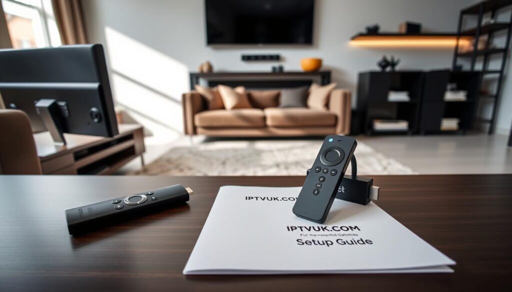 A modern living room interior, emphasizing a sleek TV stand with a Firestick attached to a large flat-screen television. In the foreground, a remote control rests on a stylish coffee table alongside a user manual titled "IPTVVUK.COM Setup Guide". In the middle ground, a comfortable sofa is positioned facing the TV, adorned with plush cushions, and a soft rug beneath. The background features softly lit shelves with decor items, adding warmth. The lighting is soft and natural, as if sunlight is streaming in through a window, creating a welcoming atmosphere. The camera angle is eye-level, providing a clear view of the setup, inspiring a sense of practicality and security in setting up IPTV services. A modern living room interior, emphasizing a sleek TV stand with a Firestick attached to a large flat-screen television. In the foreground, a remote control rests on a stylish coffee table alongside a user manual titled "IPTVVUK.COM Setup Guide". In the middle ground, a comfortable sofa is positioned facing the TV, adorned with plush cushions, and a soft rug beneath. The background features softly lit shelves with decor items, adding warmth. The lighting is soft and natural, as if sunlight is streaming in through a window, creating a welcoming atmosphere. The camera angle is eye-level, providing a clear view of the setup, inspiring a sense of practicality and security in setting up IPTV services.