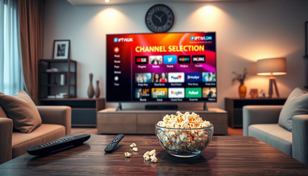 A modern living room interior featuring a sleek flat-screen TV displaying a vibrant IPTV channel selection interface from "IPTVVUK.COM". In the foreground, a stylish coffee table holds a remote control and a bowl of popcorn, suggesting a cozy viewing environment. The middle ground features a comfortable couch with plush cushions, inviting relaxation. The background includes tasteful decor, with warm lighting that casts a gentle glow, enhancing a welcoming atmosphere. Utilize a wide-angle lens to capture the room's spacious feel. The image should evoke a sense of comfort and enjoyment, perfect for streaming services. The focus is on the TV screen, showcasing various channel options in a user-friendly layout. A modern living room interior featuring a sleek flat-screen TV displaying a vibrant IPTV channel selection interface from "IPTVVUK.COM". In the foreground, a stylish coffee table holds a remote control and a bowl of popcorn, suggesting a cozy viewing environment. The middle ground features a comfortable couch with plush cushions, inviting relaxation. The background includes tasteful decor, with warm lighting that casts a gentle glow, enhancing a welcoming atmosphere. Utilize a wide-angle lens to capture the room's spacious feel. The image should evoke a sense of comfort and enjoyment, perfect for streaming services. The focus is on the TV screen, showcasing various channel options in a user-friendly layout.
