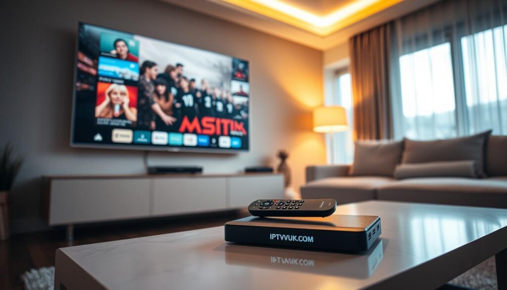 A modern living room scene depicting IPTV streaming technology in action. In the foreground, a sleek large-screen TV displays vibrant video content, with digital streaming icons and graphics subtly visible. The middle layer includes a stylish coffee table featuring a remote control and a smart streaming device with the brand name "IPTVVUK.COM" prominently visible. In the background, a cozy sofa with a minimalist design is illuminated by warm, soft lighting from a nearby window, creating an inviting atmosphere. The angle is a slightly elevated perspective, capturing the essence of home entertainment. The mood conveys a sense of convenience and modernity, showcasing how IPTV technology enhances the viewing experience for cord-cutters. A modern living room scene depicting IPTV streaming technology in action. In the foreground, a sleek large-screen TV displays vibrant video content, with digital streaming icons and graphics subtly visible. The middle layer includes a stylish coffee table featuring a remote control and a smart streaming device with the brand name "IPTVVUK.COM" prominently visible. In the background, a cozy sofa with a minimalist design is illuminated by warm, soft lighting from a nearby window, creating an inviting atmosphere. The angle is a slightly elevated perspective, capturing the essence of home entertainment. The mood conveys a sense of convenience and modernity, showcasing how IPTV technology enhances the viewing experience for cord-cutters.