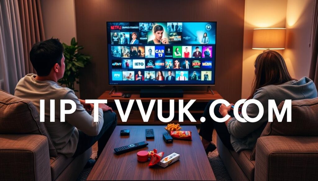 A modern living room scene featuring a cozy sofa where two individuals, one male and one female, are watching IPTV content on a large flat-screen TV. The foreground includes a coffee table with snacks and remote controls scattered atop it. In the middle ground, the TV displays a vibrant, dynamic montage of various streaming genres, showcasing diverse shows and films. The background features a tasteful decor with soft lighting from a nearby lamp and curtains gently swaying, creating a warm, inviting atmosphere. The room reflects the theme of consumer trends in viewing habits, emphasizing modern technology in home entertainment. The brand name "IPTVVUK.COM" is subtly integrated into the scene with a stylish decorative element. The mood is relaxed and engaging, capture the essence of contemporary home viewing experiences. A modern living room scene featuring a cozy sofa where two individuals, one male and one female, are watching IPTV content on a large flat-screen TV. The foreground includes a coffee table with snacks and remote controls scattered atop it. In the middle ground, the TV displays a vibrant, dynamic montage of various streaming genres, showcasing diverse shows and films. The background features a tasteful decor with soft lighting from a nearby lamp and curtains gently swaying, creating a warm, inviting atmosphere. The room reflects the theme of consumer trends in viewing habits, emphasizing modern technology in home entertainment. The brand name "IPTVVUK.COM" is subtly integrated into the scene with a stylish decorative element. The mood is relaxed and engaging, capture the essence of contemporary home viewing experiences.