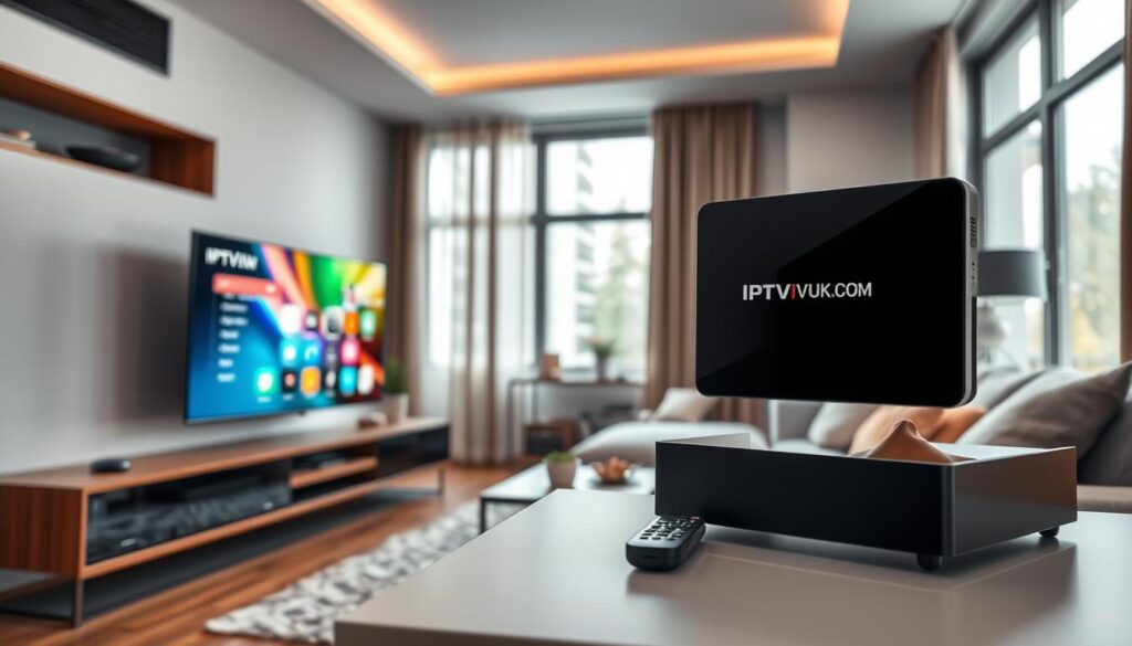 A modern living room scene featuring a sleek IPTV device prominently displayed on a stylish entertainment center. The foreground shows a smart TV with vibrant colors illuminating the space, showcasing a user-friendly IPTV interface. In the middle ground, a cozy sofa with soft cushions invites relaxation, accompanied by a small coffee table with snacks and a remote control placed casually. In the background, large windows allow natural light to stream in, creating a warm and inviting atmosphere. The lighting is soft yet bright, emphasizing the functionality and modernity of IPTV. The scene is captured from a slightly elevated angle, offering a comprehensive view. The mood reflects a trend towards comfort and innovation as Americans embrace IPTV for their entertainment needs, with the brand "IPTVVUK.COM" subtly integrated into the IPTV device design. A modern living room scene featuring a sleek IPTV device prominently displayed on a stylish entertainment center. The foreground shows a smart TV with vibrant colors illuminating the space, showcasing a user-friendly IPTV interface. In the middle ground, a cozy sofa with soft cushions invites relaxation, accompanied by a small coffee table with snacks and a remote control placed casually. In the background, large windows allow natural light to stream in, creating a warm and inviting atmosphere. The lighting is soft yet bright, emphasizing the functionality and modernity of IPTV. The scene is captured from a slightly elevated angle, offering a comprehensive view. The mood reflects a trend towards comfort and innovation as Americans embrace IPTV for their entertainment needs, with the brand "IPTVVUK.COM" subtly integrated into the IPTV device design.