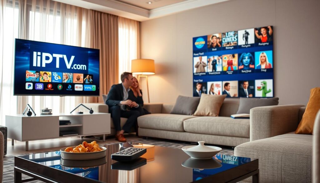 A modern living room scene featuring a sleek smart television displaying IPTVVUK.COM's logo on the screen, showcasing a dynamic array of colorful on-demand content thumbnails. In the foreground, a stylish coffee table with a remote control and snacks, creating a cozy atmosphere. The middle ground features a comfortable couch with a couple of adults in professional business attire, attentively discussing their viewing options. The background displays a well-lit room with contemporary decor, soft natural sunlight filtering through sheer curtains, enhancing the inviting and modern feel of the space. The overall mood is one of enjoyment and convenience, illustrating the benefits of reliable IPTV providers. A modern living room scene featuring a sleek smart television displaying IPTVVUK.COM's logo on the screen, showcasing a dynamic array of colorful on-demand content thumbnails. In the foreground, a stylish coffee table with a remote control and snacks, creating a cozy atmosphere. The middle ground features a comfortable couch with a couple of adults in professional business attire, attentively discussing their viewing options. The background displays a well-lit room with contemporary decor, soft natural sunlight filtering through sheer curtains, enhancing the inviting and modern feel of the space. The overall mood is one of enjoyment and convenience, illustrating the benefits of reliable IPTV providers.