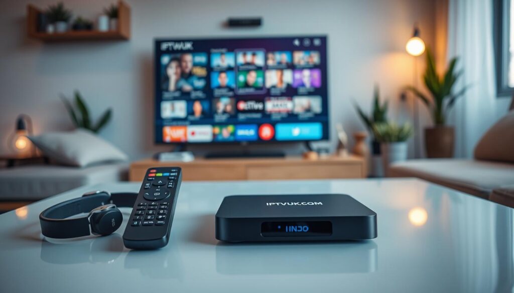 A modern living room scene featuring various IPTV devices prominently displayed on a sleek coffee table. In the foreground, a stylish streaming box with the brand name "IPTVVUK.COM" clearly visible, alongside a smart remote control and headphones. The middle of the image captures a high-definition television screen showcasing an IPTV interface filled with colorful streaming options. In the background, cozy decor elements like a comfy couch, potted plants, and ambient lighting create a welcoming atmosphere. Soft, warm lighting enhances the inviting mood, and a shallow depth of field focuses attention on the devices in the foreground. The perspective is slightly angled to create a dynamic view, illustrating the convenience and appeal of IPTV in a contemporary home setting. A modern living room scene featuring various IPTV devices prominently displayed on a sleek coffee table. In the foreground, a stylish streaming box with the brand name "IPTVVUK.COM" clearly visible, alongside a smart remote control and headphones. The middle of the image captures a high-definition television screen showcasing an IPTV interface filled with colorful streaming options. In the background, cozy decor elements like a comfy couch, potted plants, and ambient lighting create a welcoming atmosphere. Soft, warm lighting enhances the inviting mood, and a shallow depth of field focuses attention on the devices in the foreground. The perspective is slightly angled to create a dynamic view, illustrating the convenience and appeal of IPTV in a contemporary home setting.