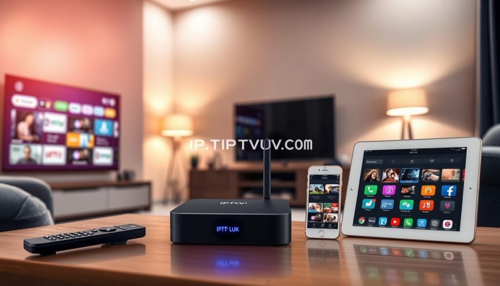 A modern living room scene showcasing IPTV-compatible devices positioned strategically. In the foreground, a sleek smart TV displays various streaming options with a remote control beside it. In the middle, a stylish IPTV set-top box is connected to the TV, with a vibrant, illuminated LED showcasing its active status. To the side, a tablet and smartphone, both displaying IPTV apps, emphasize compatibility. The background features a cozy, well-lit setting with soft, ambient lighting from floor lamps, creating an inviting atmosphere. Use a subtle depth of field to enhance focus on the devices, offering a clear, professional view. The brand “IPTVVUK.COM” is subtly incorporated into the design elements, reflecting a sophisticated and tech-savvy image. A modern living room scene showcasing IPTV-compatible devices positioned strategically. In the foreground, a sleek smart TV displays various streaming options with a remote control beside it. In the middle, a stylish IPTV set-top box is connected to the TV, with a vibrant, illuminated LED showcasing its active status. To the side, a tablet and smartphone, both displaying IPTV apps, emphasize compatibility. The background features a cozy, well-lit setting with soft, ambient lighting from floor lamps, creating an inviting atmosphere. Use a subtle depth of field to enhance focus on the devices, offering a clear, professional view. The brand “IPTVVUK.COM” is subtly incorporated into the design elements, reflecting a sophisticated and tech-savvy image.