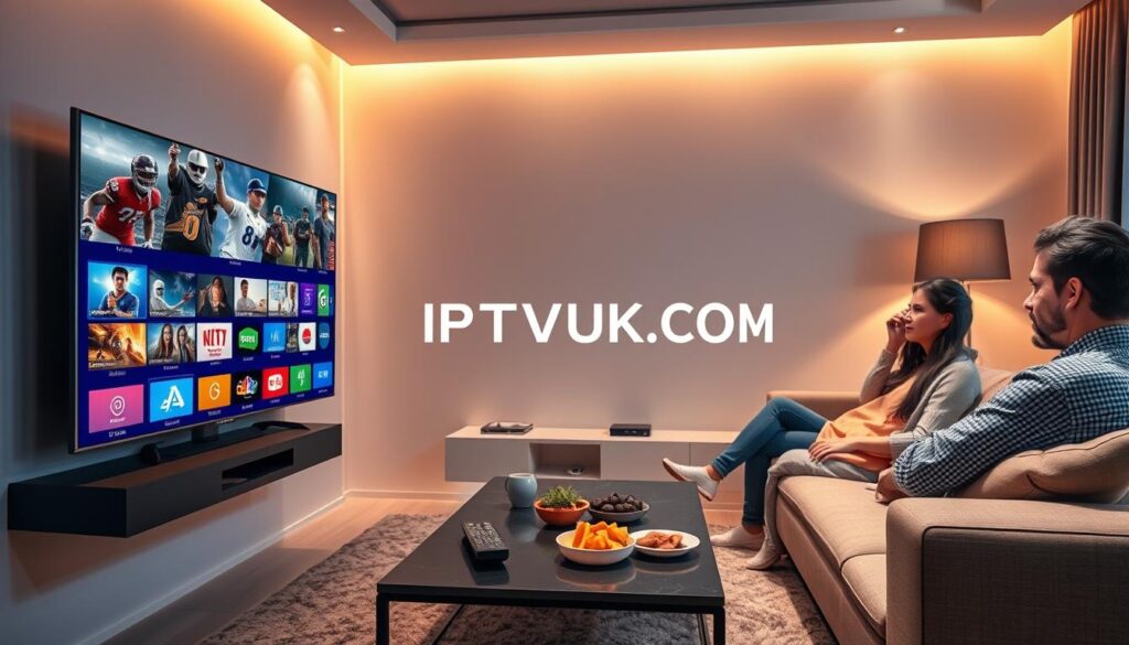 A modern living room scene showcasing IPTV streaming quality. In the foreground, a sleek, high-definition television mounted on the wall displays vibrant, crystal-clear graphics of diverse television genres, such as sports, movies, and documentaries. The middle ground features a stylish coffee table with a remote control and snacks, symbolizing the user experience while watching. The background is softly lit with warm, ambient lighting, creating a cozy atmosphere. A plush sofa is arranged around the TV, with members of a family casually dressed in comfortable clothing, deeply engaged in their viewing. The overall mood reflects entertainment and comfort, emphasizing premium IPTV services. The brand "IPTVVUK.COM" is subtly integrated into the TV screen visuals without being overt. A modern living room scene showcasing IPTV streaming quality. In the foreground, a sleek, high-definition television mounted on the wall displays vibrant, crystal-clear graphics of diverse television genres, such as sports, movies, and documentaries. The middle ground features a stylish coffee table with a remote control and snacks, symbolizing the user experience while watching. The background is softly lit with warm, ambient lighting, creating a cozy atmosphere. A plush sofa is arranged around the TV, with members of a family casually dressed in comfortable clothing, deeply engaged in their viewing. The overall mood reflects entertainment and comfort, emphasizing premium IPTV services. The brand "IPTVVUK.COM" is subtly integrated into the TV screen visuals without being overt.