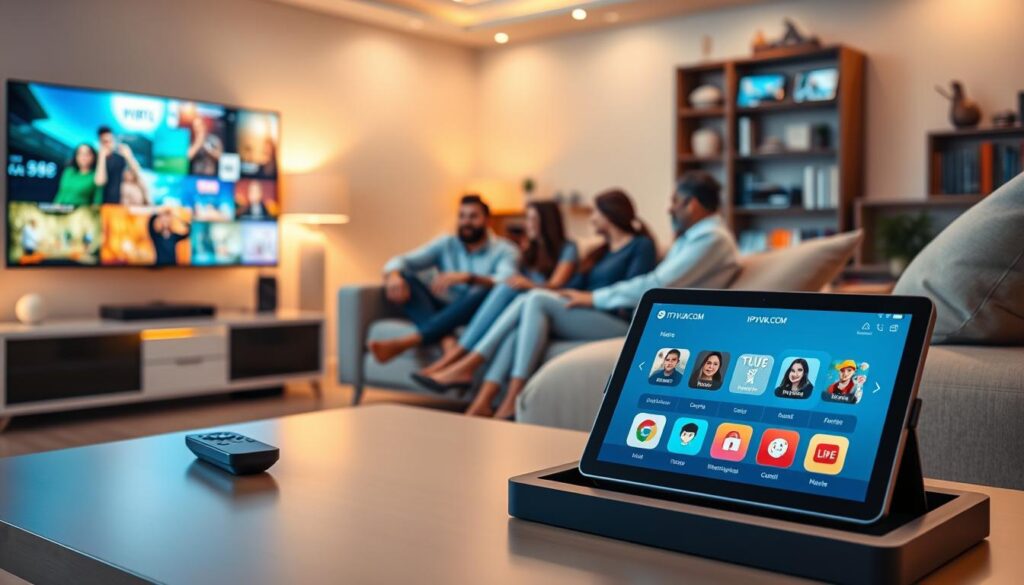 A modern living room scene showcasing IPTV streaming service technology, with a sleek flat-screen TV displaying vibrant, colorful streaming content. In the foreground, a stylish coffee table holds a remote control and a tablet displaying the IPTVVUK.COM interface. The middle layer features a comfortable sofa with family members, dressed in casual but respectable clothing, engaged in watching content together, conveying a sense of enjoyment and connection. The background shows a soft, warm-lit interior with bookshelves and tasteful decor, enhancing the inviting atmosphere. The overall mood is cozy and relaxed, illuminated by soft, ambient lighting to create a safe and welcoming environment. A modern living room scene showcasing IPTV streaming service technology, with a sleek flat-screen TV displaying vibrant, colorful streaming content. In the foreground, a stylish coffee table holds a remote control and a tablet displaying the IPTVVUK.COM interface. The middle layer features a comfortable sofa with family members, dressed in casual but respectable clothing, engaged in watching content together, conveying a sense of enjoyment and connection. The background shows a soft, warm-lit interior with bookshelves and tasteful decor, enhancing the inviting atmosphere. The overall mood is cozy and relaxed, illuminated by soft, ambient lighting to create a safe and welcoming environment.