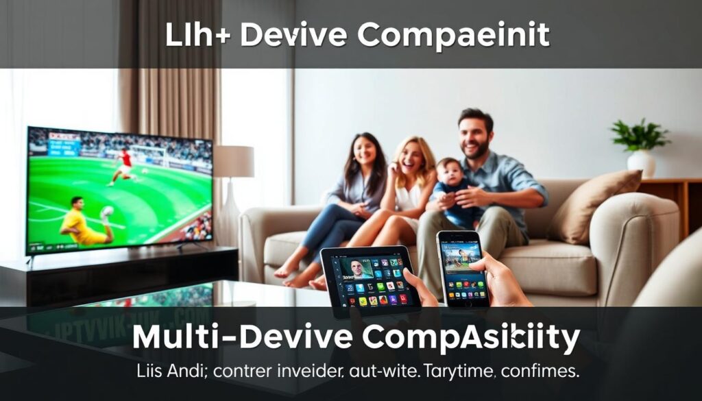 A modern living room scene showcasing "Multi-Device Compatibility" for watching IPTV. In the foreground, a sleek, smart TV displays vibrant sports content. On the coffee table, a tablet and smartphone are angled to highlight streaming apps, emphasizing versatility. In the middle, an elegant, comfortable couch with a family of three — a woman in a professional outfit, a man in casual attire, and a child — are joyfully watching together. They exude excitement and engagement. The background features a window allowing natural light to fill the room, creating a warm and inviting atmosphere. The color palette is bright and contemporary. A small logo for "IPTVVUK.COM" subtly integrated into the decor without distraction. The image captures a sense of togetherness and the freedom to stream content anywhere, anytime. A modern living room scene showcasing "Multi-Device Compatibility" for watching IPTV. In the foreground, a sleek, smart TV displays vibrant sports content. On the coffee table, a tablet and smartphone are angled to highlight streaming apps, emphasizing versatility. In the middle, an elegant, comfortable couch with a family of three — a woman in a professional outfit, a man in casual attire, and a child — are joyfully watching together. They exude excitement and engagement. The background features a window allowing natural light to fill the room, creating a warm and inviting atmosphere. The color palette is bright and contemporary. A small logo for "IPTVVUK.COM" subtly integrated into the decor without distraction. The image captures a sense of togetherness and the freedom to stream content anywhere, anytime.