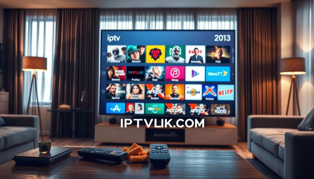 A modern living room scene showcasing a sleek TV interface displaying various IPTV channels. In the foreground, a stylish coffee table features a remote control and snacks, inviting viewers into the relaxing environment. The middle ground features a large, flat-screen TV prominently displaying a colorful grid of IPTV channel icons, representing diverse genres like movies, sports, and documentaries. In the background, light pours in through large windows, creating a warm and inviting atmosphere, enhanced by soft, ambient lighting from stylish floor lamps. The room is furnished with comfortable seating, hinting at a cozy space for family and friends. The image reflects a sense of modern entertainment and convenience, with subtle branding for "IPTVVUK.COM" integrated into the TV interface design. A modern living room scene showcasing a sleek TV interface displaying various IPTV channels. In the foreground, a stylish coffee table features a remote control and snacks, inviting viewers into the relaxing environment. The middle ground features a large, flat-screen TV prominently displaying a colorful grid of IPTV channel icons, representing diverse genres like movies, sports, and documentaries. In the background, light pours in through large windows, creating a warm and inviting atmosphere, enhanced by soft, ambient lighting from stylish floor lamps. The room is furnished with comfortable seating, hinting at a cozy space for family and friends. The image reflects a sense of modern entertainment and convenience, with subtle branding for "IPTVVUK.COM" integrated into the TV interface design.