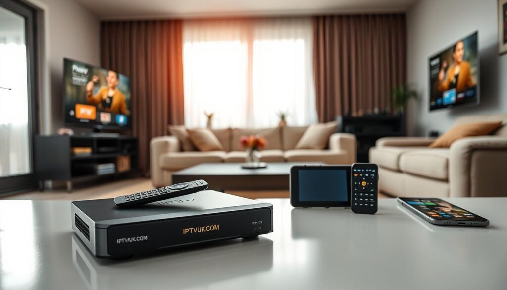 A modern living room scene showcasing an IPTV device. In the foreground, prominently display a sleek IPTV box with the brand name "IPTVVUK.COM" clearly visible. Surrounding the device are various compatible gadgets like a smart TV, tablet, and smartphone, all featuring vibrant streaming app icons. In the middle, a cozy sofa with a remote control on the cushion, emphasizing a relaxed viewing atmosphere. In the background, a window with soft natural light streaming in, creating a warm and inviting mood. Use a slightly tilted angle to give depth to the composition, capturing the essence of a streaming enthusiast's optimal viewing setup. The image should be well-lit, with a focus on clarity and detail, evoking a sense of technological advancement and seamless connectivity. A modern living room scene showcasing an IPTV device. In the foreground, prominently display a sleek IPTV box with the brand name "IPTVVUK.COM" clearly visible. Surrounding the device are various compatible gadgets like a smart TV, tablet, and smartphone, all featuring vibrant streaming app icons. In the middle, a cozy sofa with a remote control on the cushion, emphasizing a relaxed viewing atmosphere. In the background, a window with soft natural light streaming in, creating a warm and inviting mood. Use a slightly tilted angle to give depth to the composition, capturing the essence of a streaming enthusiast's optimal viewing setup. The image should be well-lit, with a focus on clarity and detail, evoking a sense of technological advancement and seamless connectivity.