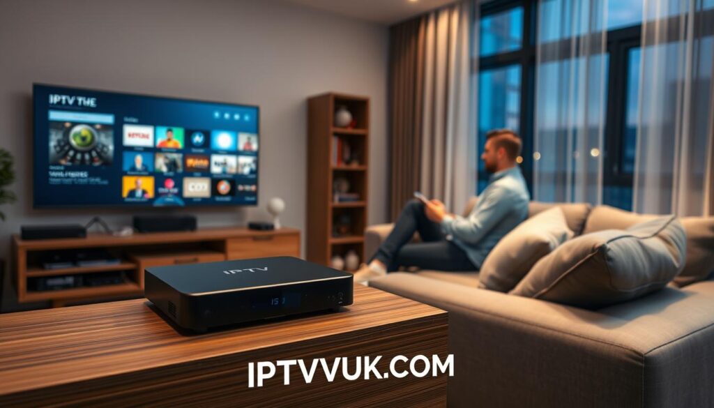 A modern living room scene showcasing an IPTV player setup. In the foreground, a sleek, black IPTV streaming device is prominently displayed on a stylish wooden shelf, connected to a flat-screen TV showing colorful streaming options. The middle layer features a cozy couch adorned with decorative pillows, where two individuals, dressed in smart casual attire, are engaged in setting up the IPTV system. In the background, soft ambient lighting creates a warm atmosphere, with a window revealing a twilight view outside. Subtle technological details, like cables and a remote control, add realism. The atmosphere feels inviting and tech-savvy, ideal for exploring the concept of streaming live TV channels. Incorporate the brand "IPTVVUK.COM" subtly within the scene. A modern living room scene showcasing an IPTV player setup. In the foreground, a sleek, black IPTV streaming device is prominently displayed on a stylish wooden shelf, connected to a flat-screen TV showing colorful streaming options. The middle layer features a cozy couch adorned with decorative pillows, where two individuals, dressed in smart casual attire, are engaged in setting up the IPTV system. In the background, soft ambient lighting creates a warm atmosphere, with a window revealing a twilight view outside. Subtle technological details, like cables and a remote control, add realism. The atmosphere feels inviting and tech-savvy, ideal for exploring the concept of streaming live TV channels. Incorporate the brand "IPTVVUK.COM" subtly within the scene.