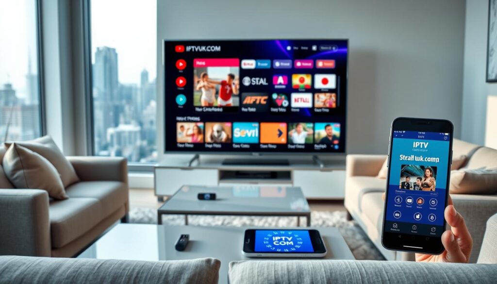 A modern living room scene showcasing the concept of IPTV streaming global access. In the foreground, a sleek smart TV displays a vibrant interface with various global channels, including news, sports, and entertainment. A stylish coffee table surrounds it, with a remote control and a smartphone displaying the IPTVVUK.COM app. In the middle ground, a comfortable sofa with soft cushions invites casual viewing. The background features a window with a view of a bustling city skyline, symbolizing connectivity and technology. Soft, natural lighting streams in, creating a warm and inviting atmosphere. The angle is slightly elevated, providing a comprehensive view of the space, emphasizing the transition from traditional cable to modern IPTV solutions. A modern living room scene showcasing the concept of IPTV streaming global access. In the foreground, a sleek smart TV displays a vibrant interface with various global channels, including news, sports, and entertainment. A stylish coffee table surrounds it, with a remote control and a smartphone displaying the IPTVVUK.COM app. In the middle ground, a comfortable sofa with soft cushions invites casual viewing. The background features a window with a view of a bustling city skyline, symbolizing connectivity and technology. Soft, natural lighting streams in, creating a warm and inviting atmosphere. The angle is slightly elevated, providing a comprehensive view of the space, emphasizing the transition from traditional cable to modern IPTV solutions.