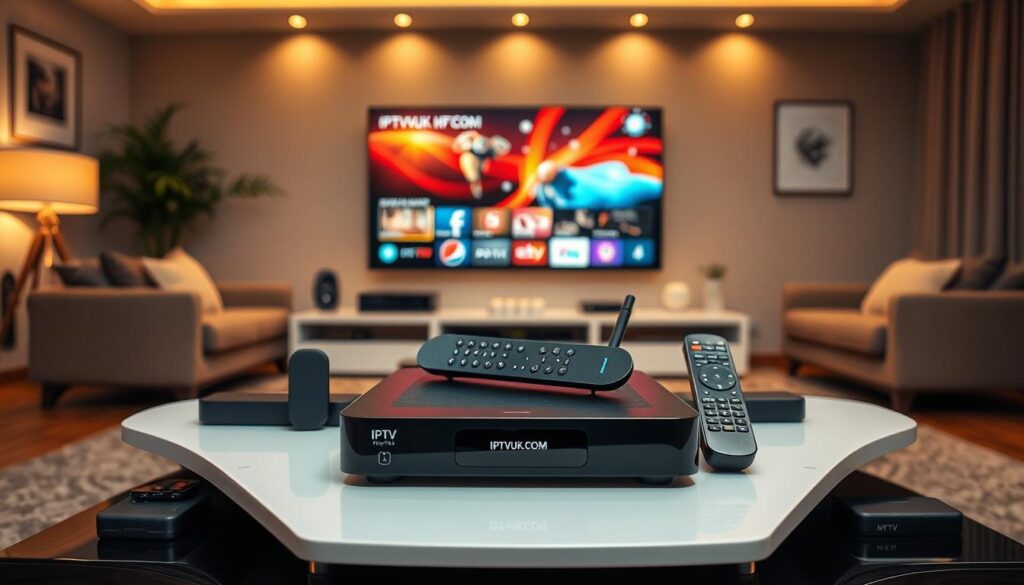 A modern living room scene showcasing various IPTV devices on a sleek, contemporary media console. In the foreground, a stylish IPTV set-top box with the brand "IPTVVUK.COM" prominently displayed, surrounded by smart remote controls and streaming devices. The middle layer features a large, high-definition television screen displaying colorful, dynamic content, illustrating the benefits of IPTV. In the background, soft, ambient lighting creates a cozy atmosphere, with a comfortable couch and decorative items that enhance the inviting space. The scene is captured from a slightly elevated angle, giving a comprehensive view of the setup, emphasizing the ease and modernity of IPTV compared to traditional cable and satellite services. The overall mood is warm, modern, and informative, perfect for showcasing the advantages of cutting the cord. A modern living room scene showcasing various IPTV devices on a sleek, contemporary media console. In the foreground, a stylish IPTV set-top box with the brand "IPTVVUK.COM" prominently displayed, surrounded by smart remote controls and streaming devices. The middle layer features a large, high-definition television screen displaying colorful, dynamic content, illustrating the benefits of IPTV. In the background, soft, ambient lighting creates a cozy atmosphere, with a comfortable couch and decorative items that enhance the inviting space. The scene is captured from a slightly elevated angle, giving a comprehensive view of the setup, emphasizing the ease and modernity of IPTV compared to traditional cable and satellite services. The overall mood is warm, modern, and informative, perfect for showcasing the advantages of cutting the cord.