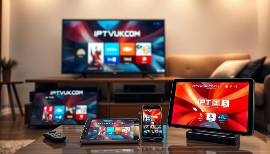 A modern living room scene showcasing various devices set up for IPTV service. In the foreground, a sleek smart TV displays the IPTVVUK.COM interface, with a remote control beside it. On the coffee table, a tablet and smartphone mirror the IPTV app, showcasing a vibrant streaming option. In the middle ground, a stylish entertainment unit houses a cable box and gaming console, emphasizing the versatility of IPTV. The background features a cozy couch and soft ambient lighting, creating a warm and inviting atmosphere. The angle captures the setup from a slight side view, enhancing depth and perspective. The overall mood is modern and tech-savvy, perfect for showcasing the seamless integration of IPTV services across multiple devices in a home setting. A modern living room scene showcasing various devices set up for IPTV service. In the foreground, a sleek smart TV displays the IPTVVUK.COM interface, with a remote control beside it. On the coffee table, a tablet and smartphone mirror the IPTV app, showcasing a vibrant streaming option. In the middle ground, a stylish entertainment unit houses a cable box and gaming console, emphasizing the versatility of IPTV. The background features a cozy couch and soft ambient lighting, creating a warm and inviting atmosphere. The angle captures the setup from a slight side view, enhancing depth and perspective. The overall mood is modern and tech-savvy, perfect for showcasing the seamless integration of IPTV services across multiple devices in a home setting.