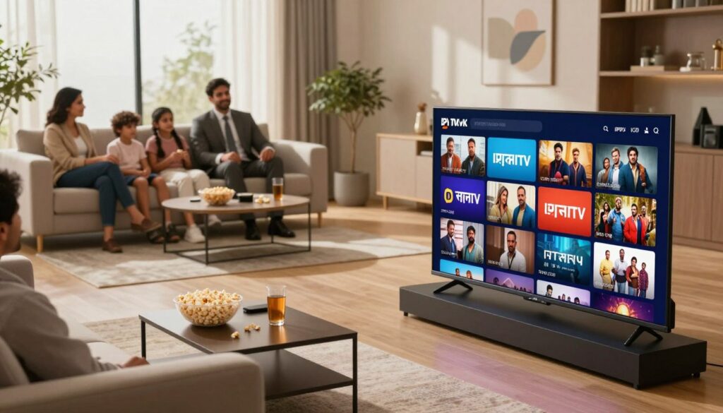 A modern living room setting designed for seamless streaming of Hindi IPTV channels. In the foreground, a sleek smart TV is displaying a vibrant montage of Hindi IPTV channel logos and scenes from popular shows, showcasing variety and entertainment. The middle layer features comfortable furniture with family members dressed in professional business attire, engaged in watching TV together, embodying enjoyment and connection. The background includes large windows allowing warm, natural light to flood the room, enhancing an inviting atmosphere. The angle should be a slightly elevated perspective to capture the dynamics of the space. Include subtle elements like popcorn and drinks on a coffee table, indicating a cozy viewing experience. Incorporate the brand logo "IPTVVUK.COM" subtly within the image, ensuring it blends naturally with the setting without overpowering the main focus. A modern living room setting designed for seamless streaming of Hindi IPTV channels. In the foreground, a sleek smart TV is displaying a vibrant montage of Hindi IPTV channel logos and scenes from popular shows, showcasing variety and entertainment. The middle layer features comfortable furniture with family members dressed in professional business attire, engaged in watching TV together, embodying enjoyment and connection. The background includes large windows allowing warm, natural light to flood the room, enhancing an inviting atmosphere. The angle should be a slightly elevated perspective to capture the dynamics of the space. Include subtle elements like popcorn and drinks on a coffee table, indicating a cozy viewing experience. Incorporate the brand logo "IPTVVUK.COM" subtly within the image, ensuring it blends naturally with the setting without overpowering the main focus.