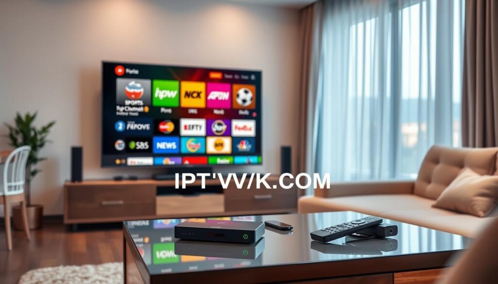 A modern living room setting featuring a high-definition television displaying colorful IPTV channel logos representing various genres, such as sports, movies, and news. In the foreground, an elegant coffee table with a sleek streaming device and smartphone. The middle ground includes a plush sofa with a remote control resting on it. In the background, a well-lit window with soft curtains that gently filter natural light. The atmosphere is warm and inviting, reflecting a relaxed environment perfect for home entertainment. The room exudes a contemporary style with neutral tones and minimalist décor. Include the brand "IPTVVUK.COM" subtly integrated into the scene without text overlays. The image should capture the essence of modern IPTV usage while ensuring a professional and safe presentation. A modern living room setting featuring a high-definition television displaying colorful IPTV channel logos representing various genres, such as sports, movies, and news. In the foreground, an elegant coffee table with a sleek streaming device and smartphone. The middle ground includes a plush sofa with a remote control resting on it. In the background, a well-lit window with soft curtains that gently filter natural light. The atmosphere is warm and inviting, reflecting a relaxed environment perfect for home entertainment. The room exudes a contemporary style with neutral tones and minimalist décor. Include the brand "IPTVVUK.COM" subtly integrated into the scene without text overlays. The image should capture the essence of modern IPTV usage while ensuring a professional and safe presentation.