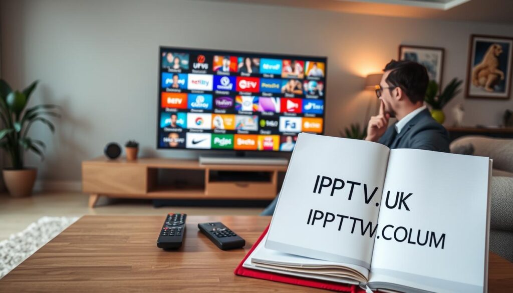 A modern living room setting featuring a sleek, contemporary television displaying a vibrant and diverse array of IPTV channels. In the foreground, a stylish coffee table with a remote control and an open notebook showing IPTVVUK.COM for reference. Middle ground showcases a comfortable sofa with a person in professional attire thoughtfully examining the various channels on screen. The background features soft, ambient lighting giving a warm and inviting atmosphere, with houseplants and artwork on the walls. The scene is captured with a slightly elevated angle to create depth, conveying a sense of exploration in finding the best IPTV services. The overall mood is professional, focused, and engaging, emphasizing the importance of choosing a secure and reliable IPTV option. A modern living room setting featuring a sleek, contemporary television displaying a vibrant and diverse array of IPTV channels. In the foreground, a stylish coffee table with a remote control and an open notebook showing IPTVVUK.COM for reference. Middle ground showcases a comfortable sofa with a person in professional attire thoughtfully examining the various channels on screen. The background features soft, ambient lighting giving a warm and inviting atmosphere, with houseplants and artwork on the walls. The scene is captured with a slightly elevated angle to create depth, conveying a sense of exploration in finding the best IPTV services. The overall mood is professional, focused, and engaging, emphasizing the importance of choosing a secure and reliable IPTV option.